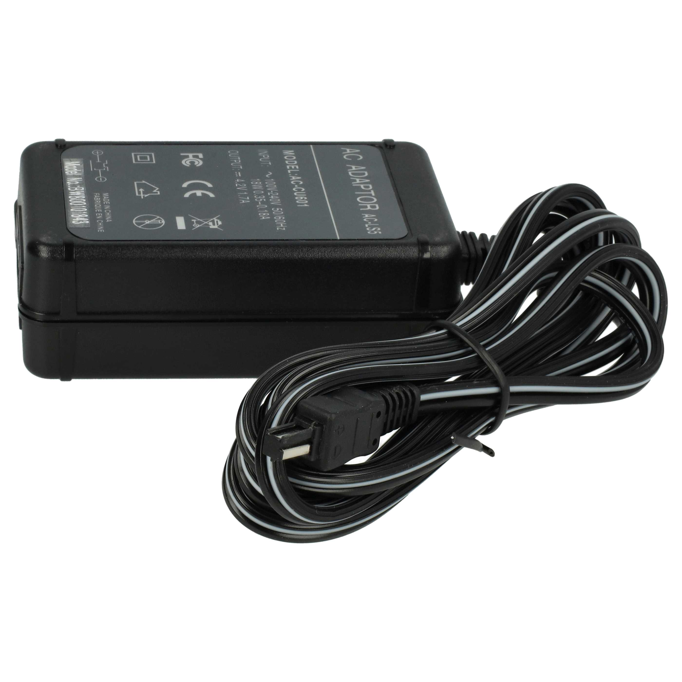 Ein schwarzes AC-Netzteil mit einem schwarz-weiß gestreiften Kabel. Es hat Etiketten mit technischen Daten.