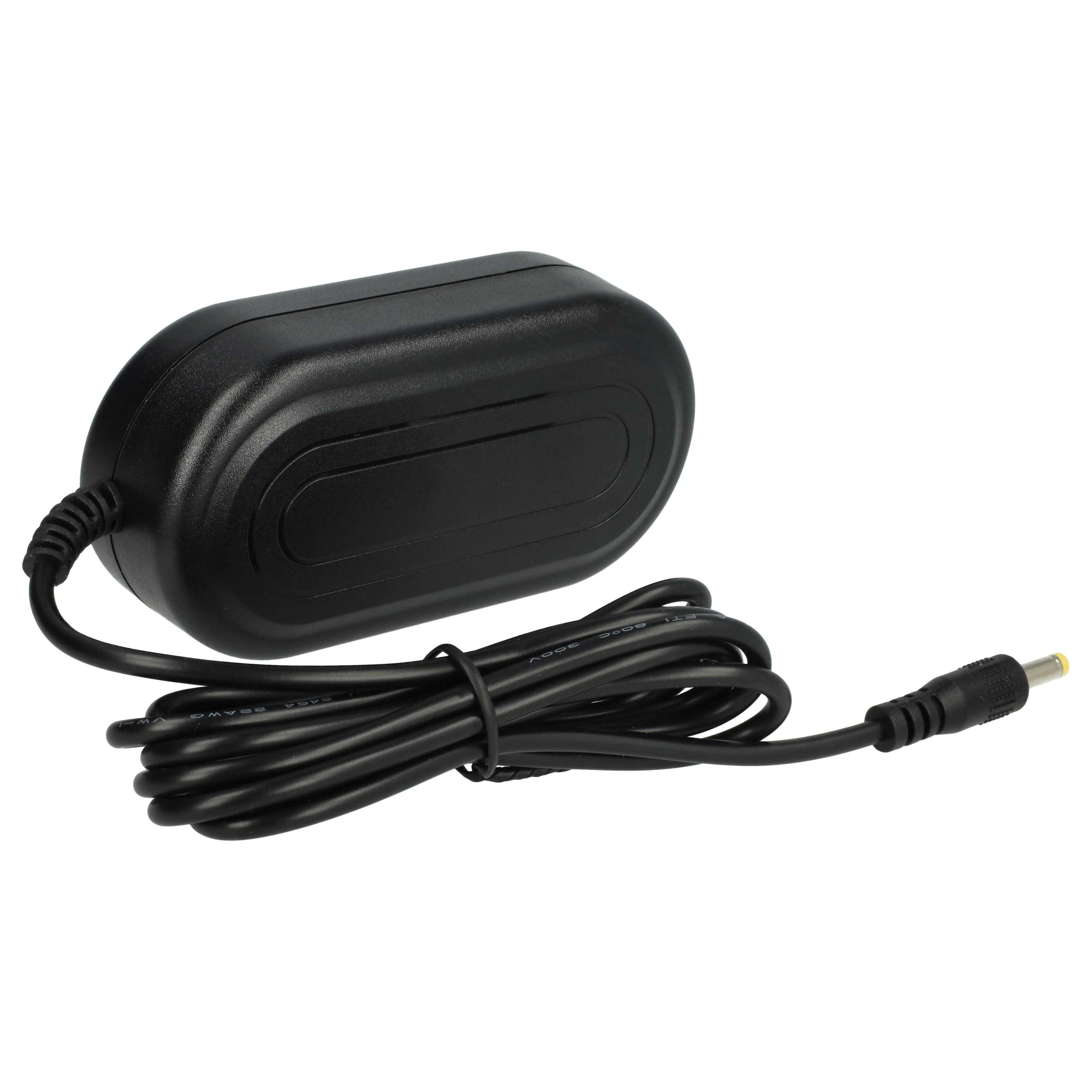 Ein schwarzes Netzteil mit Kabel und Stecker. Der Adapter ist oval. Das Kabel ist aufgerollt.