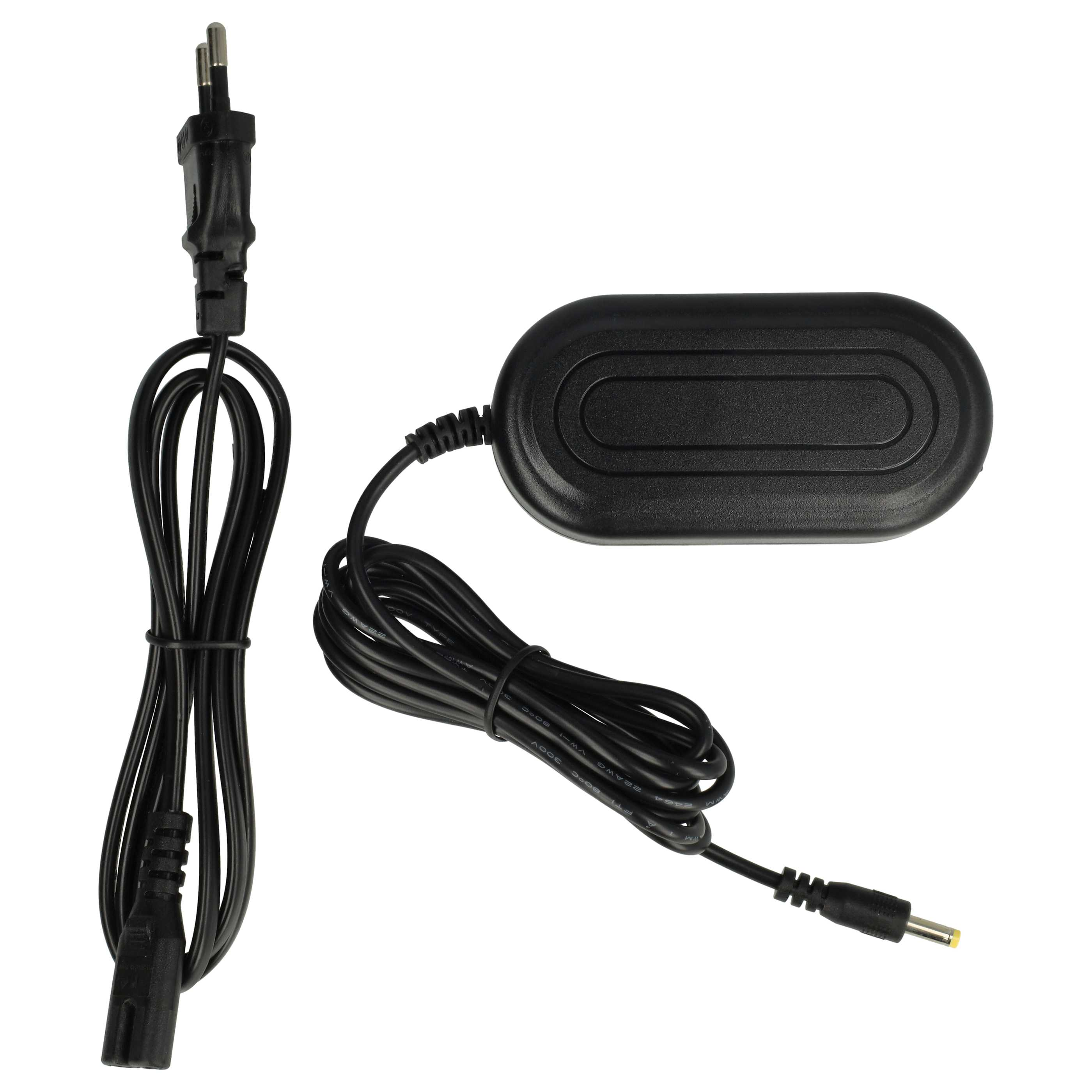Schwarzes Netzteil mit Kabel und Stecker auf weißem Hintergrund. Der Adapter ist oval geformt.
