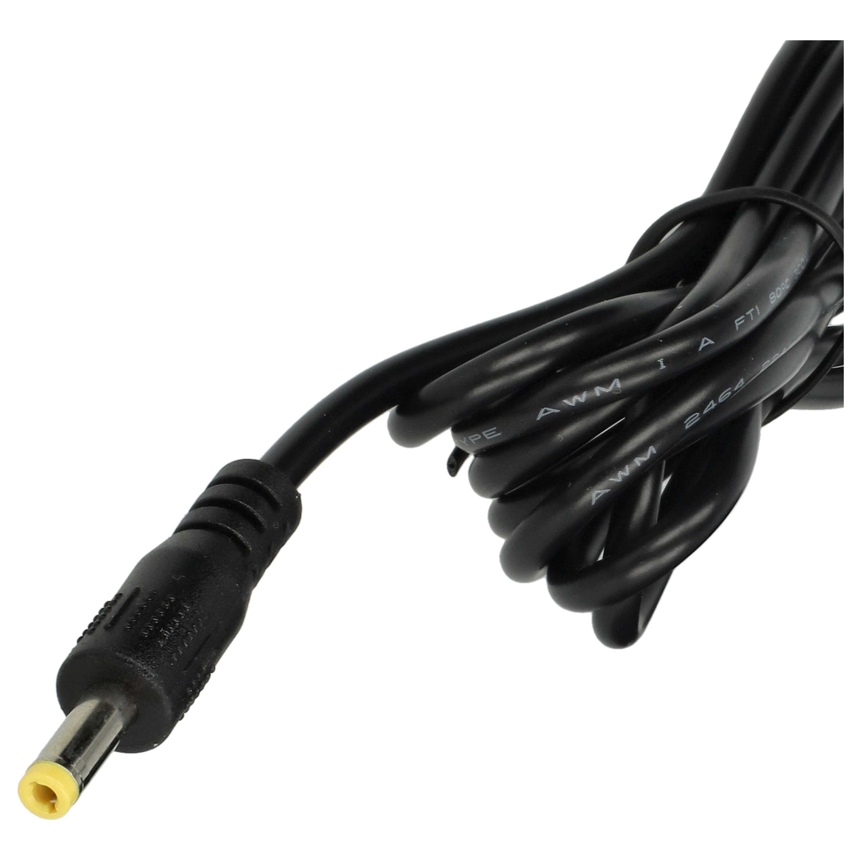 Ein schwarzes DC-Stromkabel mit gelbem Stecker. Das Kabel ist aufgerollt.