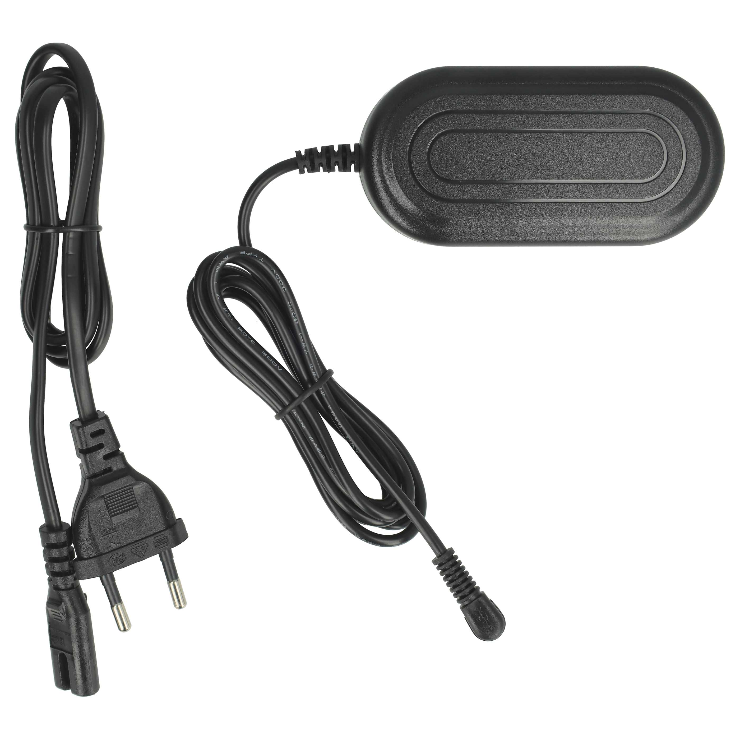 Schwarzer Netzadapter mit Kabel und Stecker. Der Adapter ist oval. Das Kabel verbindet sich mit einem Stecker mit zwei Stiften.