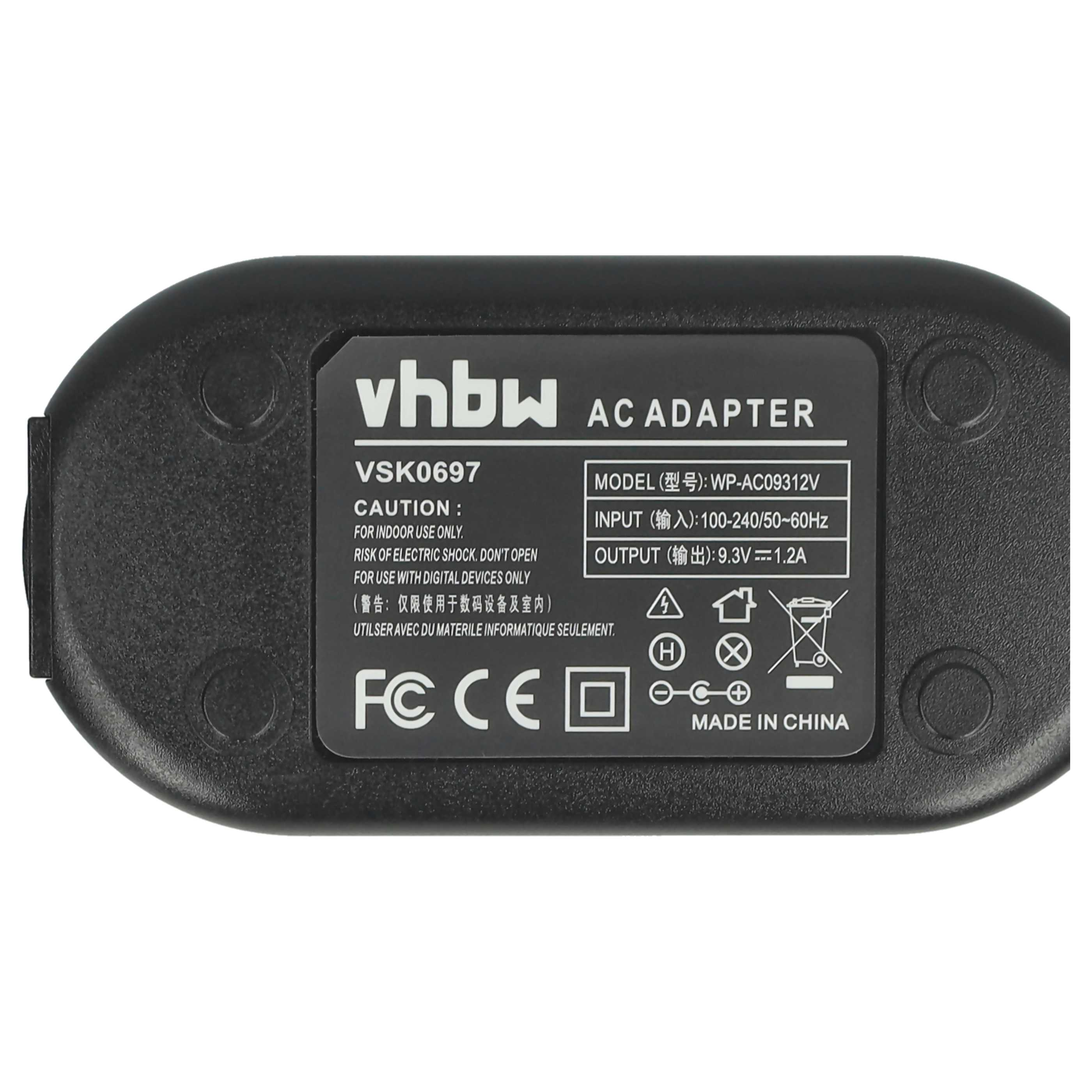 Schwarzes AC-Adapter mit weißem Text. Es enthält den Markennamen Vhbw, Modellinformationen und Sicherheitshinweise.