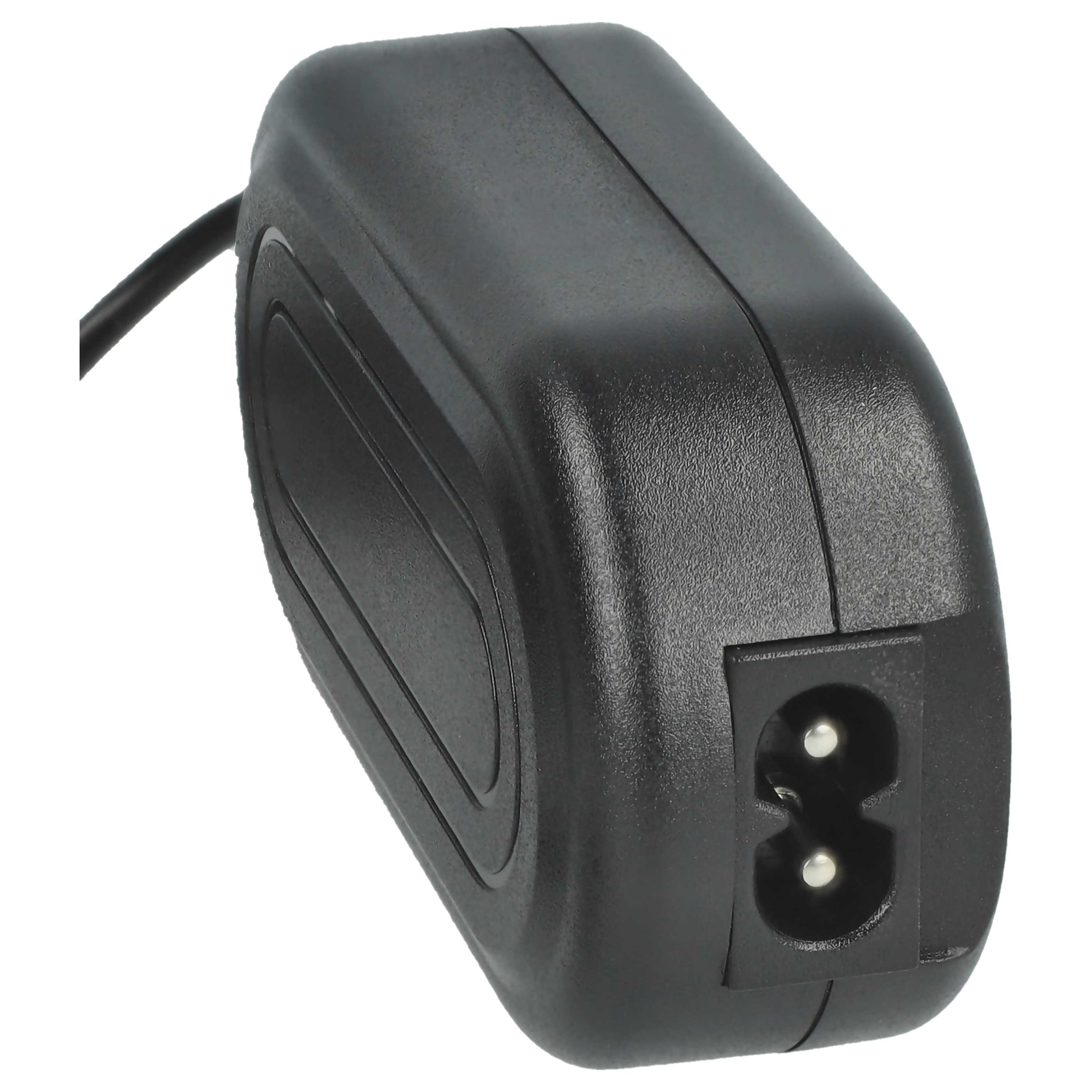 Ein schwarzer Netzadapter mit einem zweipoligen Stecker wird vor einem weißen Hintergrund gezeigt. Ein schwarzes Kabel geht vom Adapter aus.