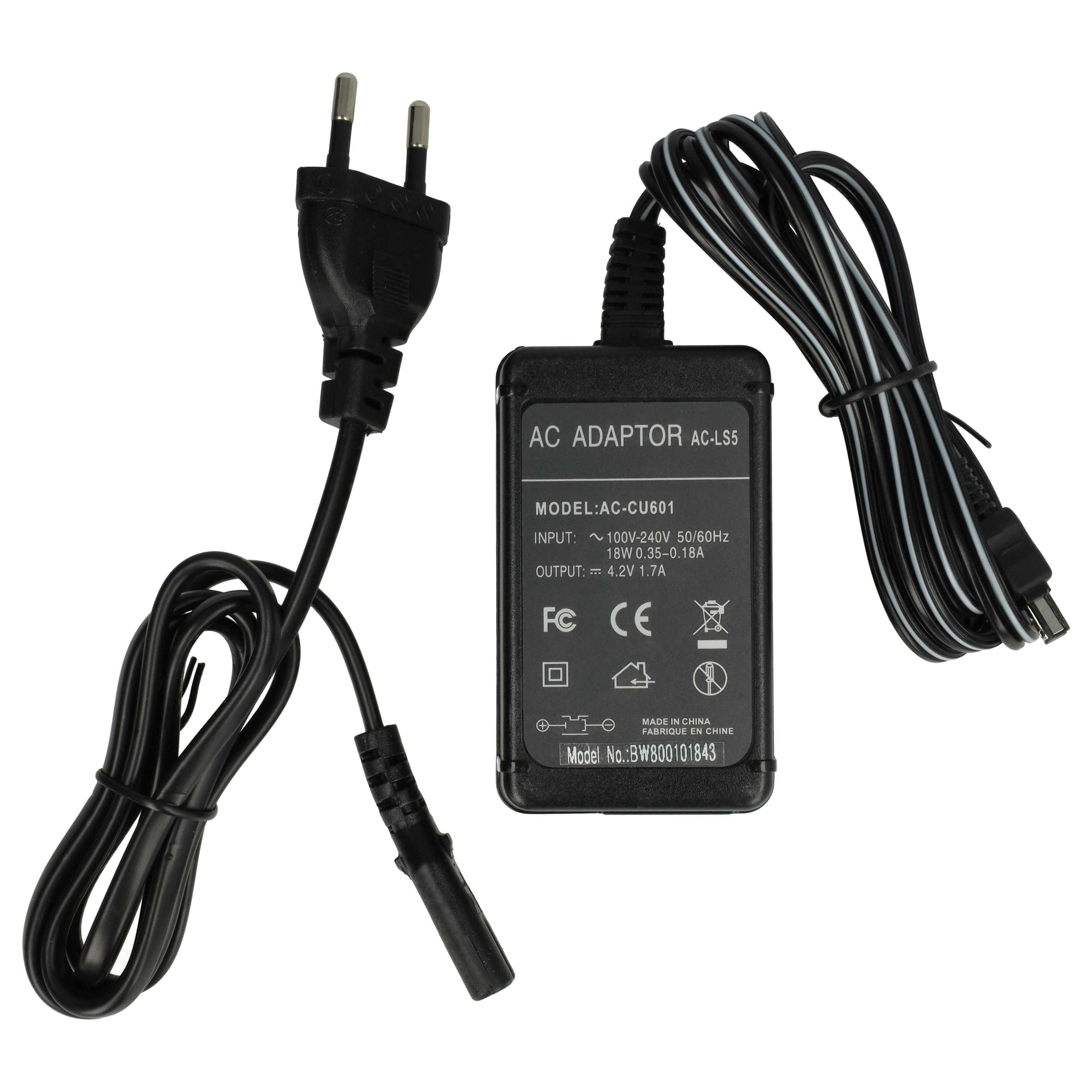 Ein schwarzes AC-Netzteil mit Netzstecker und Kabel. Es trägt den Text AC Adaptor AC-LS5 und weitere Spezifikationen.