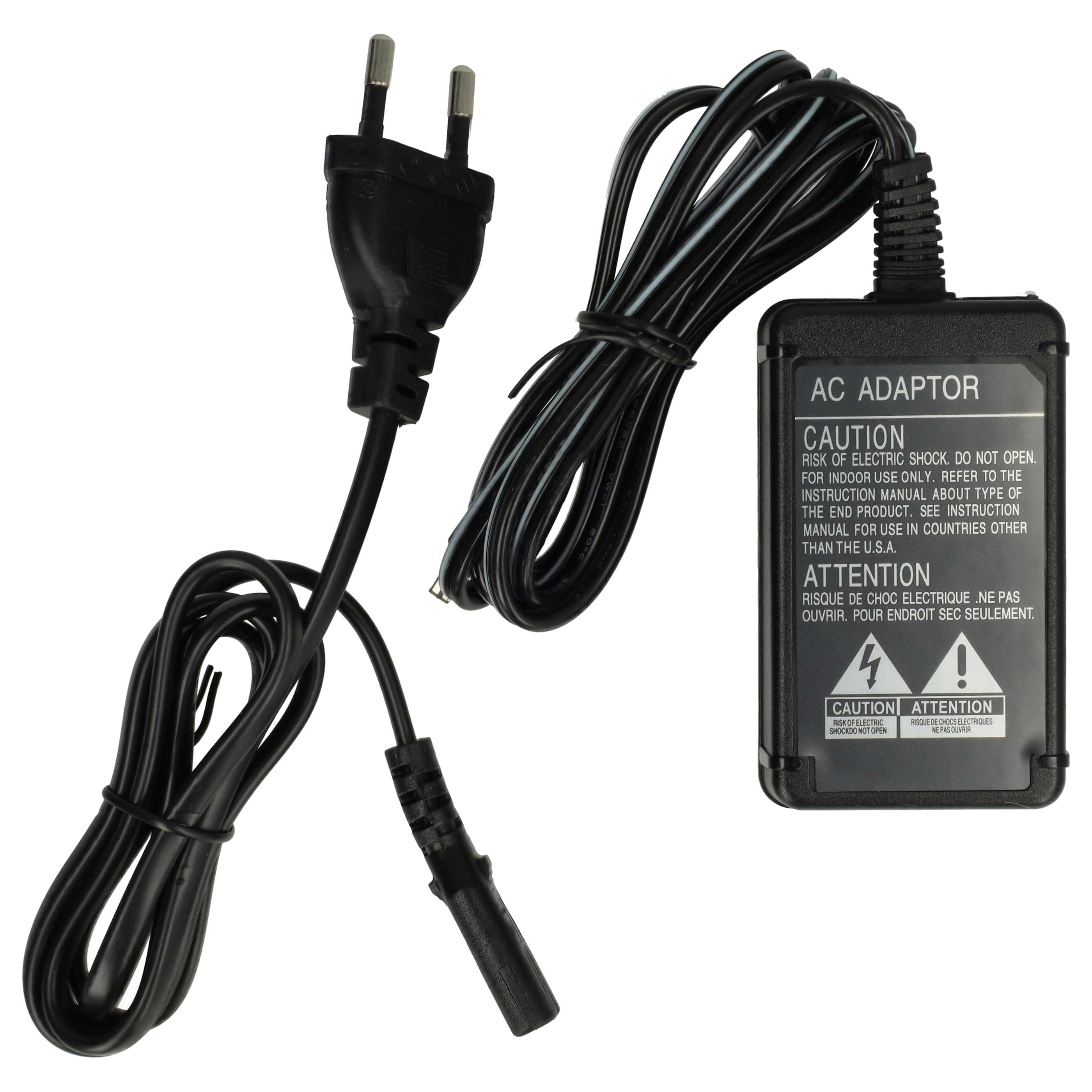 Schwarzer AC-Adapter mit Stecker und Kabel. Der Adapter hat Warnhinweise.