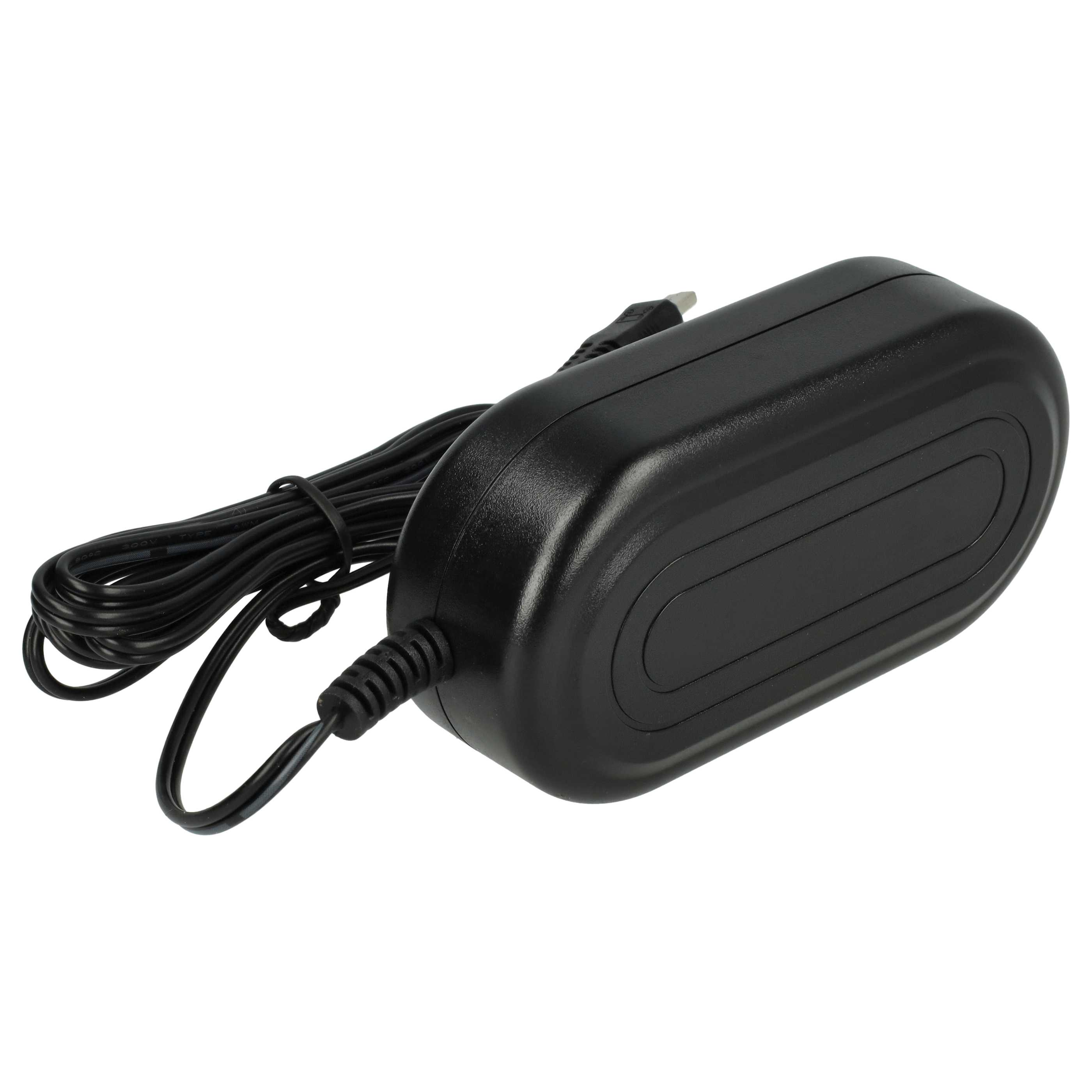 Ein schwarzes Netzteil mit Kabel und Stecker auf weißem Hintergrund.