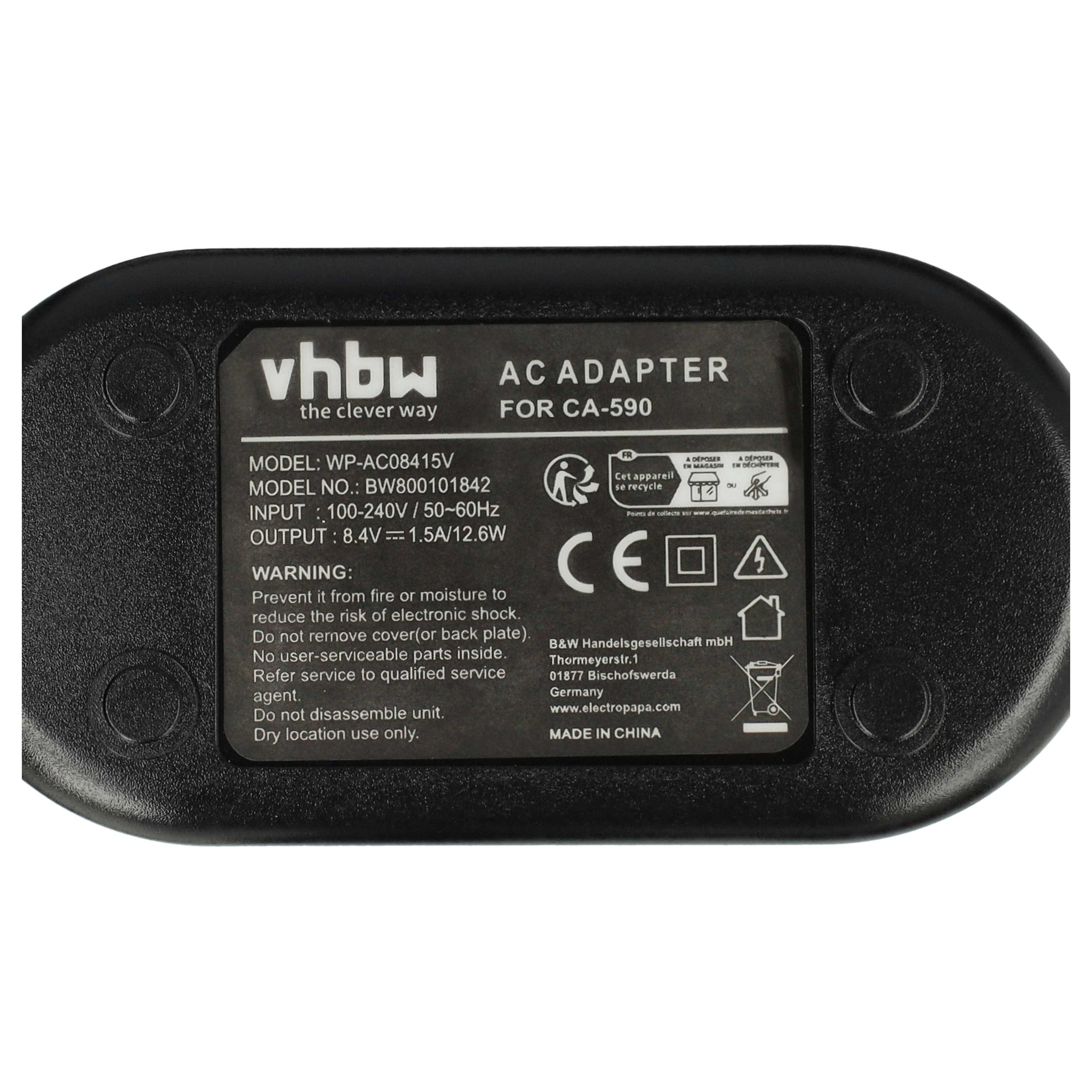 Schwarzes AC-Adapter mit weißem Text. Text enthält Modell, Eingangs-/Ausgangsdetails, Warnungen und Recycling-Symbole. Hergestellt in China.