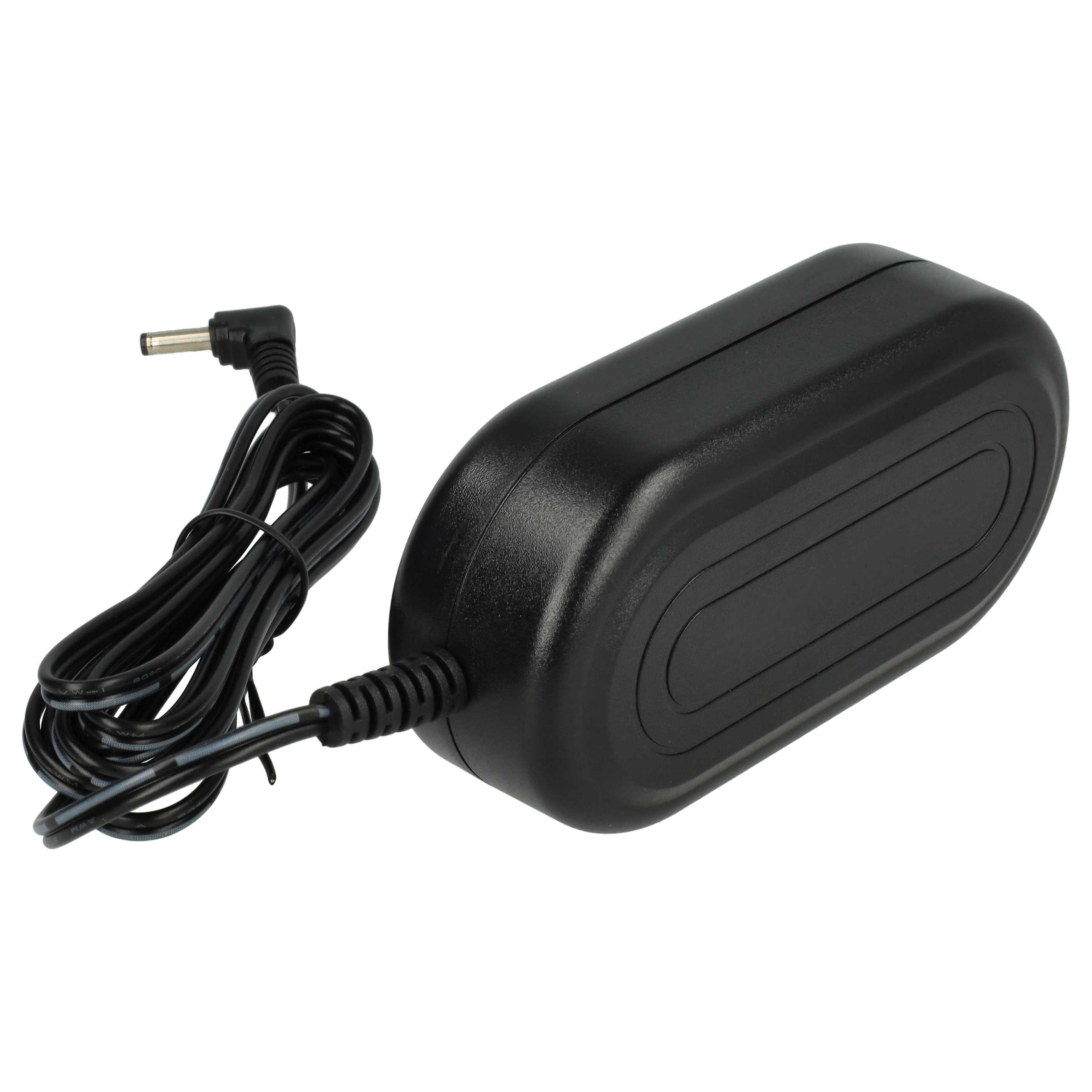 Schwarzes Netzteil mit Kabel und Stecker. Der Adapter hat eine abgerundete Form mit geriffelter Oberfläche.