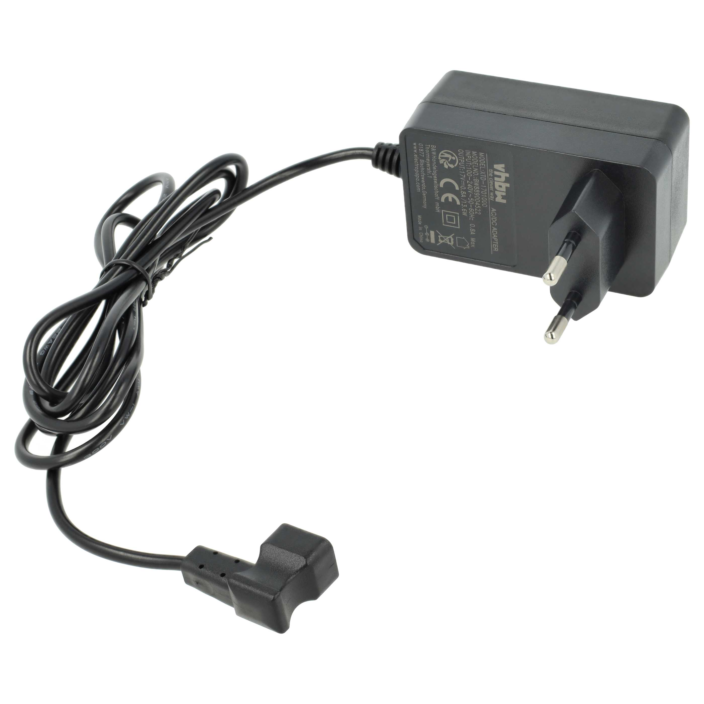 Ein schwarzer AC/DC-Adapter mit schwarzem Kabel und Stecker ist auf weißem Hintergrund isoliert.