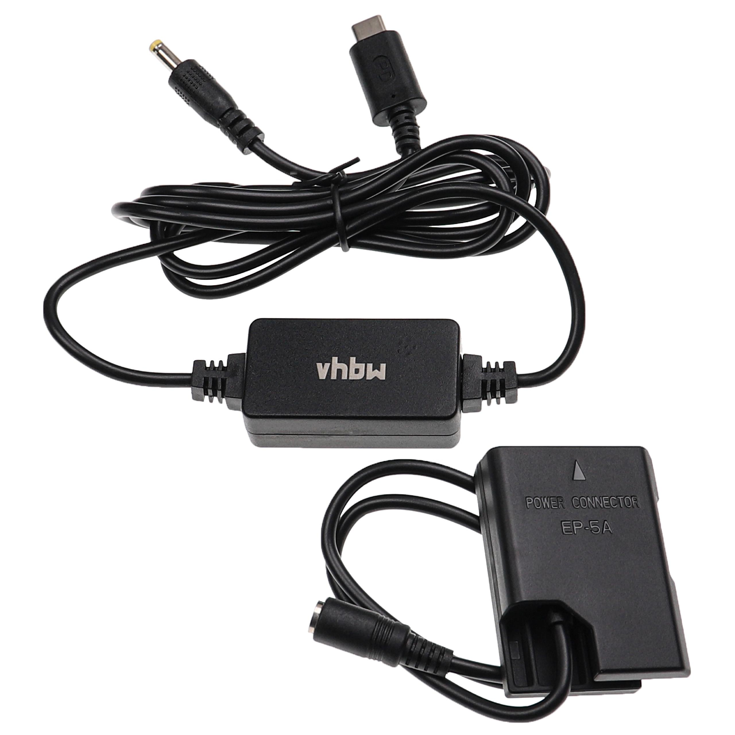 Schwarze Netzadapterkabel mit verschiedenen Anschlüssen, einschließlich USB-C und DC, und ein schwarzer Netzanschluss mit EP-5A.