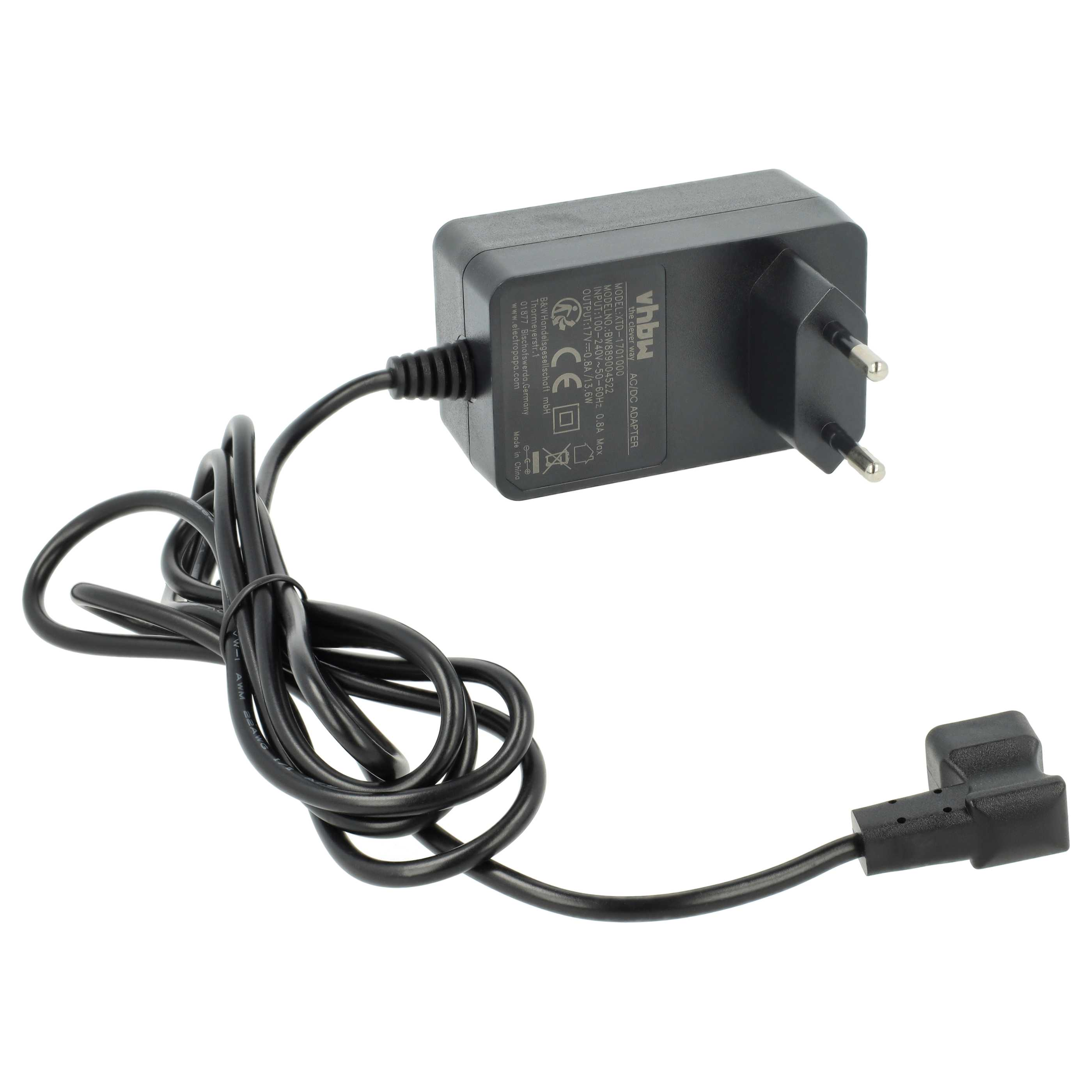 Schwarzer AC/DC-Adapter mit schwarzem Kabel und Stecker. Der Adapter hat Text und Markierungen.
