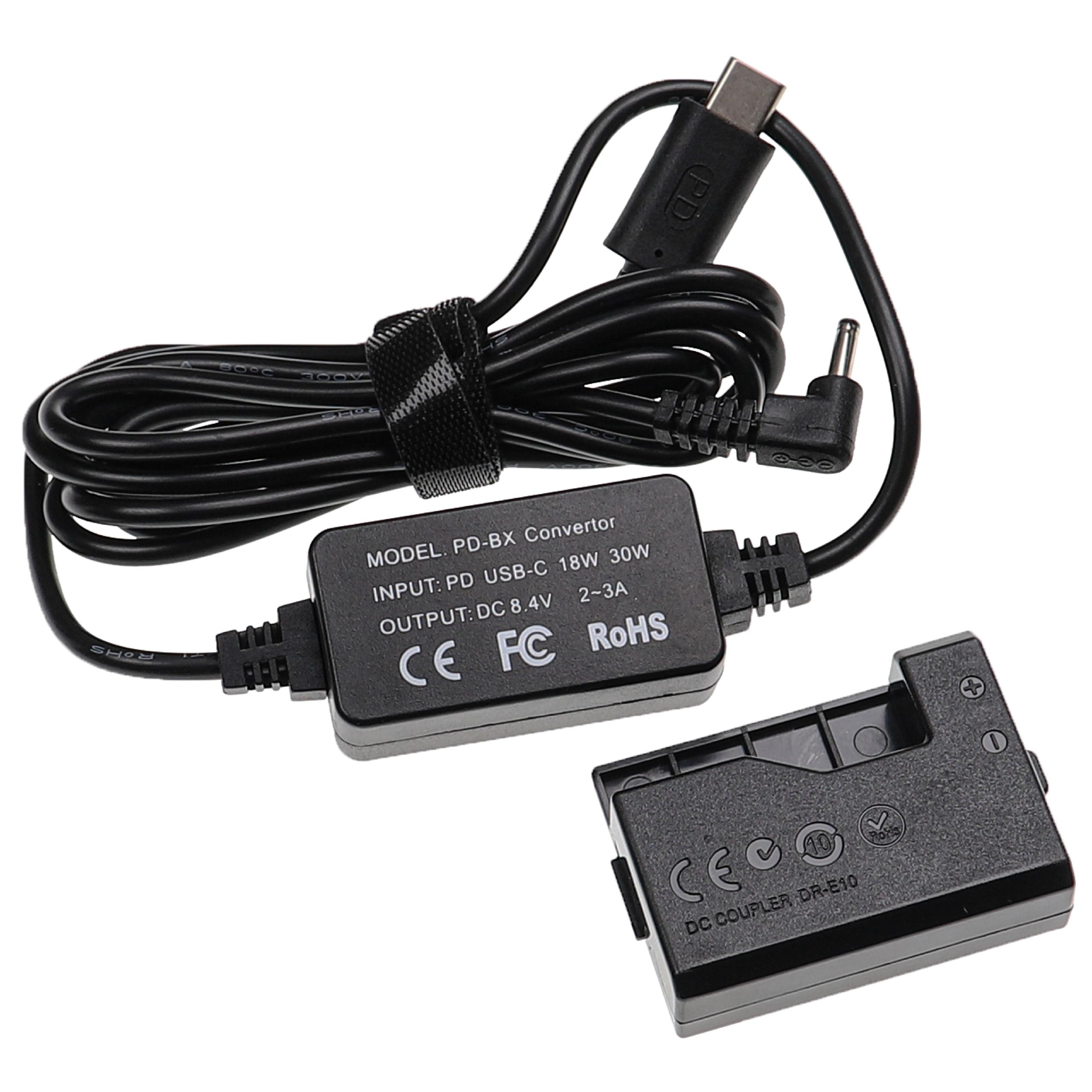 Schwarzes PD USB-C-Konverterkabel und ein schwarzer DC-Koppler. Das Kabel hat ein USB-C-Ende und ein DC-Stromende. Der Koppler hat eine CE-Kennzeichnung.