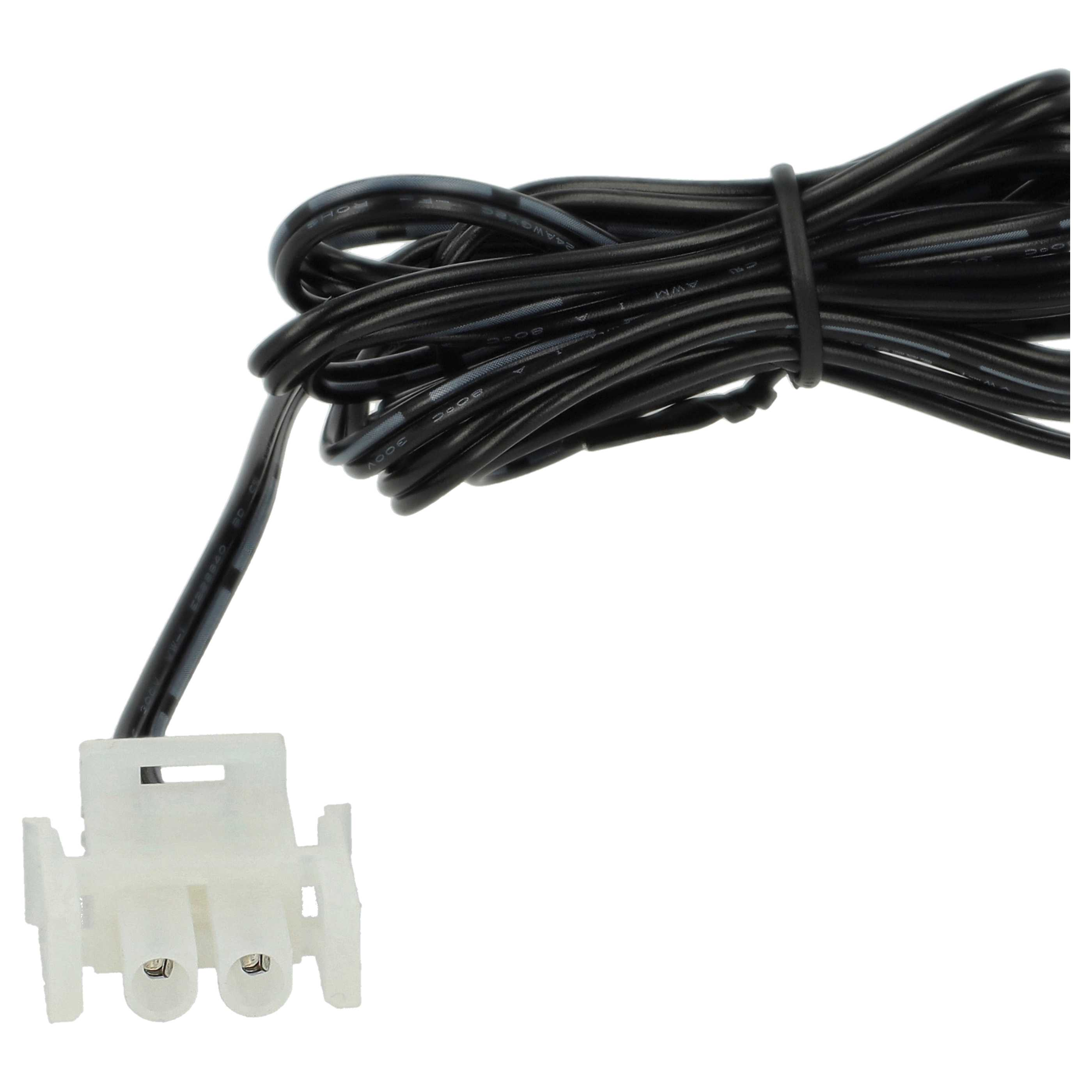 Ein schwarzes Kabel mit einem weißen Stecker. Das Kabel ist gebündelt. Der Stecker hat zwei Löcher.