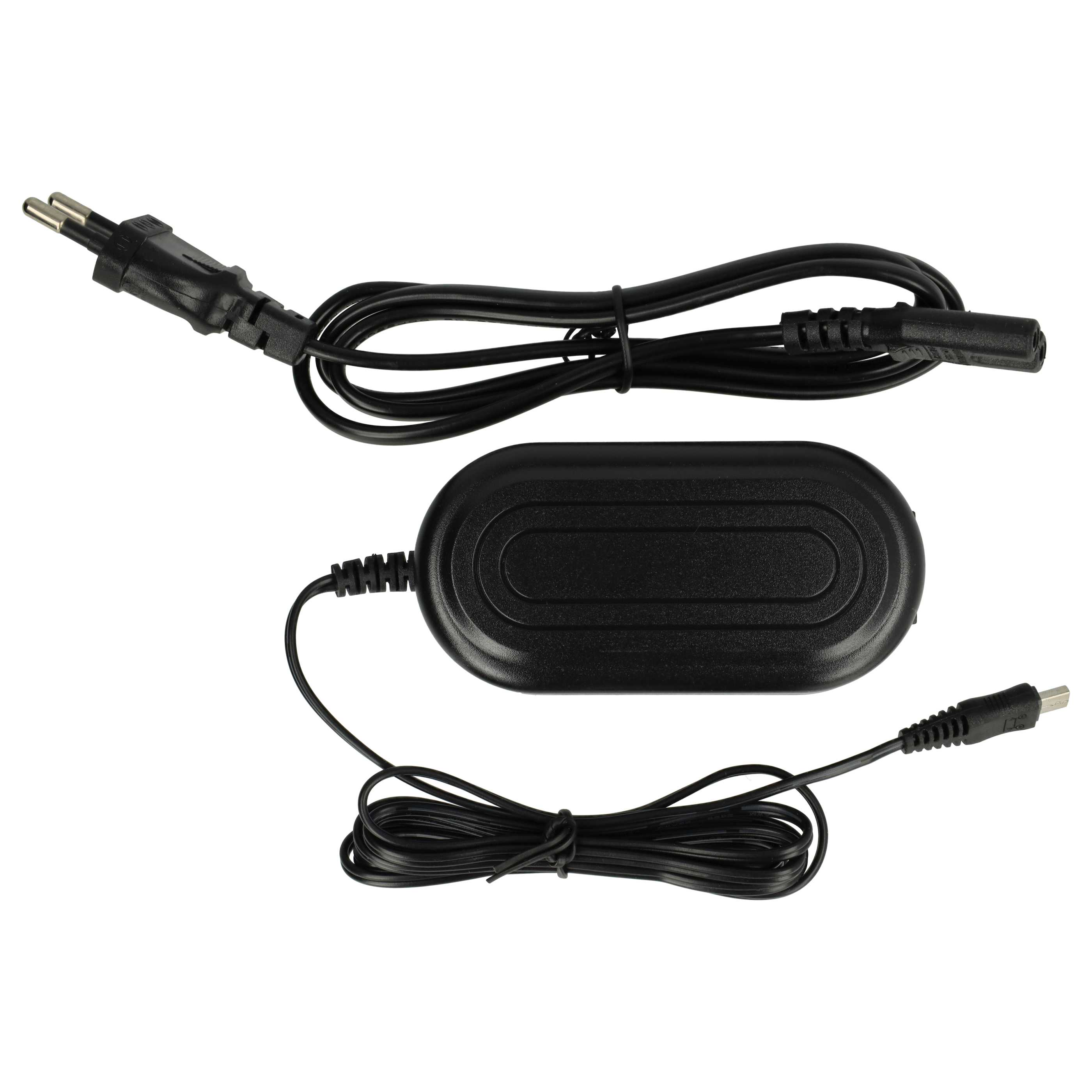Ein schwarzes Netzteil mit Netzkabel und Stecker auf weißem Hintergrund. Der Adapter ist oval geformt.