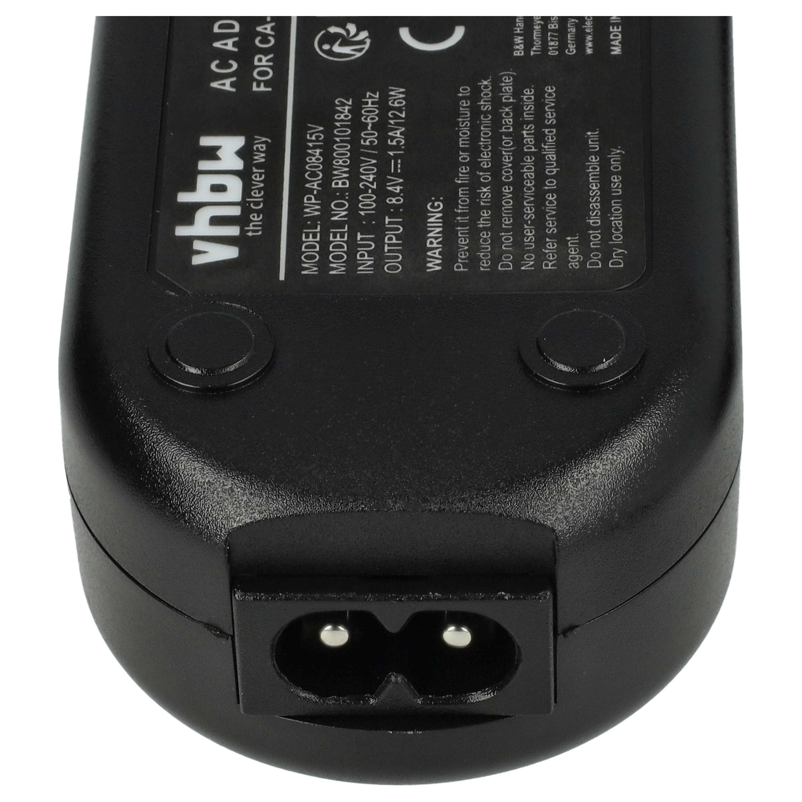 Schwarzes AC-Adapter mit weißem Text, der Modell- und Warninformationen anzeigt. Es hat einen zweipoligen Stromeingang.