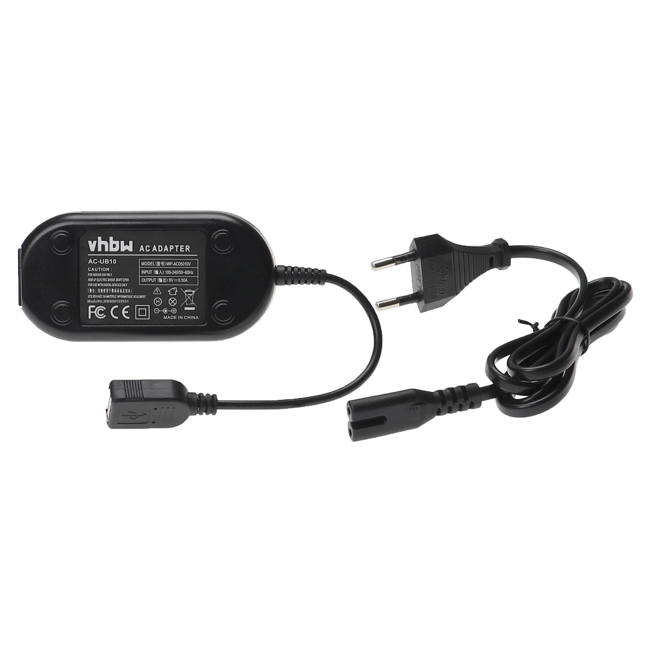 Ein schwarzes AC-Netzteil mit Netzkabel und USB-Anschluss auf weißem Hintergrund.