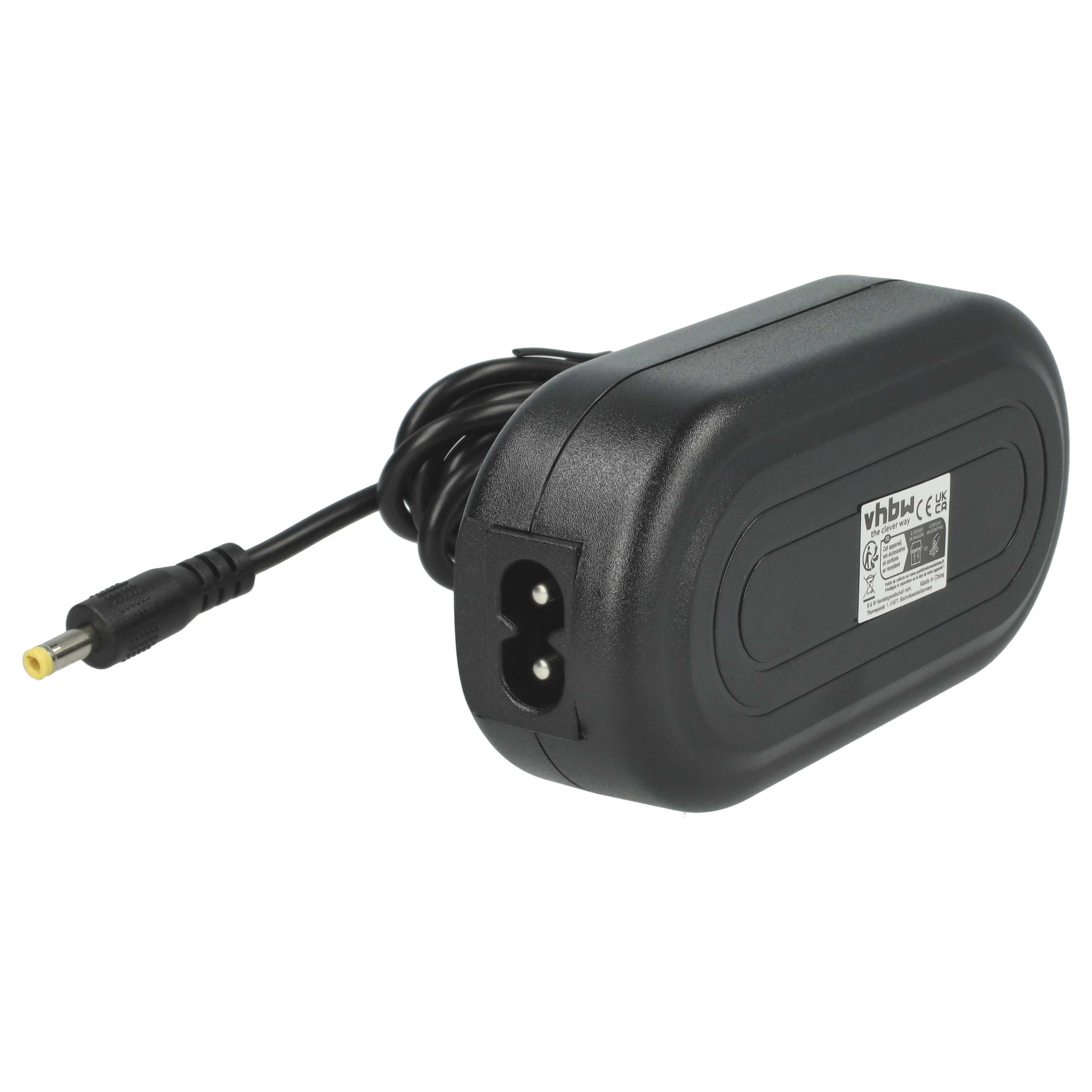 Ein schwarzes Netzteil mit gewickeltem Kabel, DC-Stecker und AC-Eingang. Das Etikett ist auf dem Adapter sichtbar.