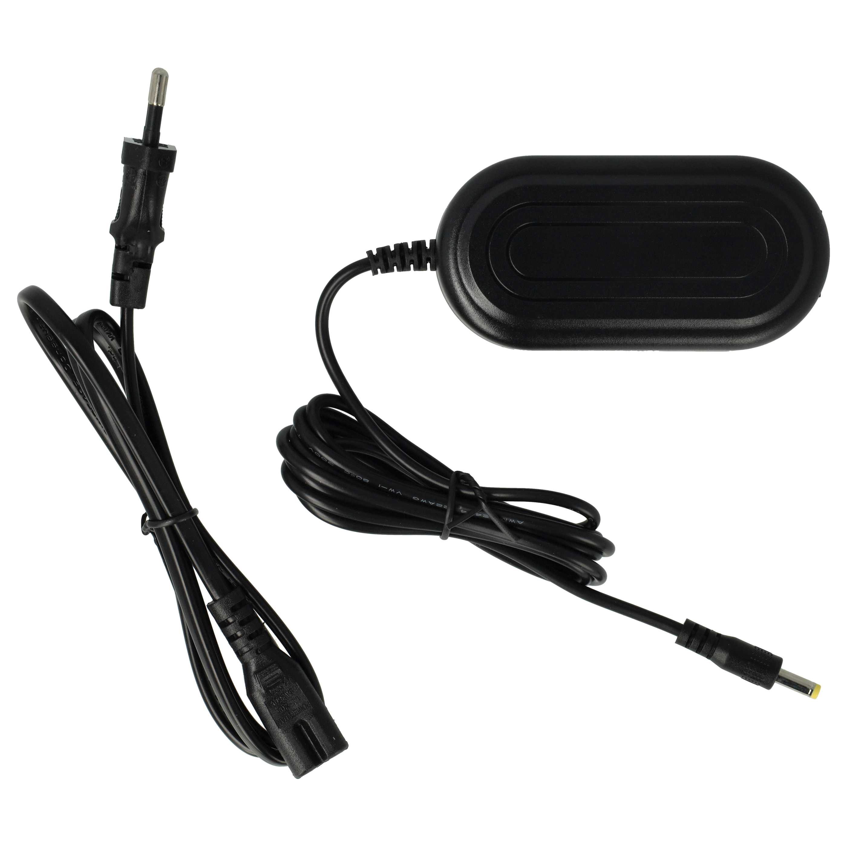 Schwarzes Netzteil mit Stecker und Gleichstromanschluss. Der Adapter ist oval.