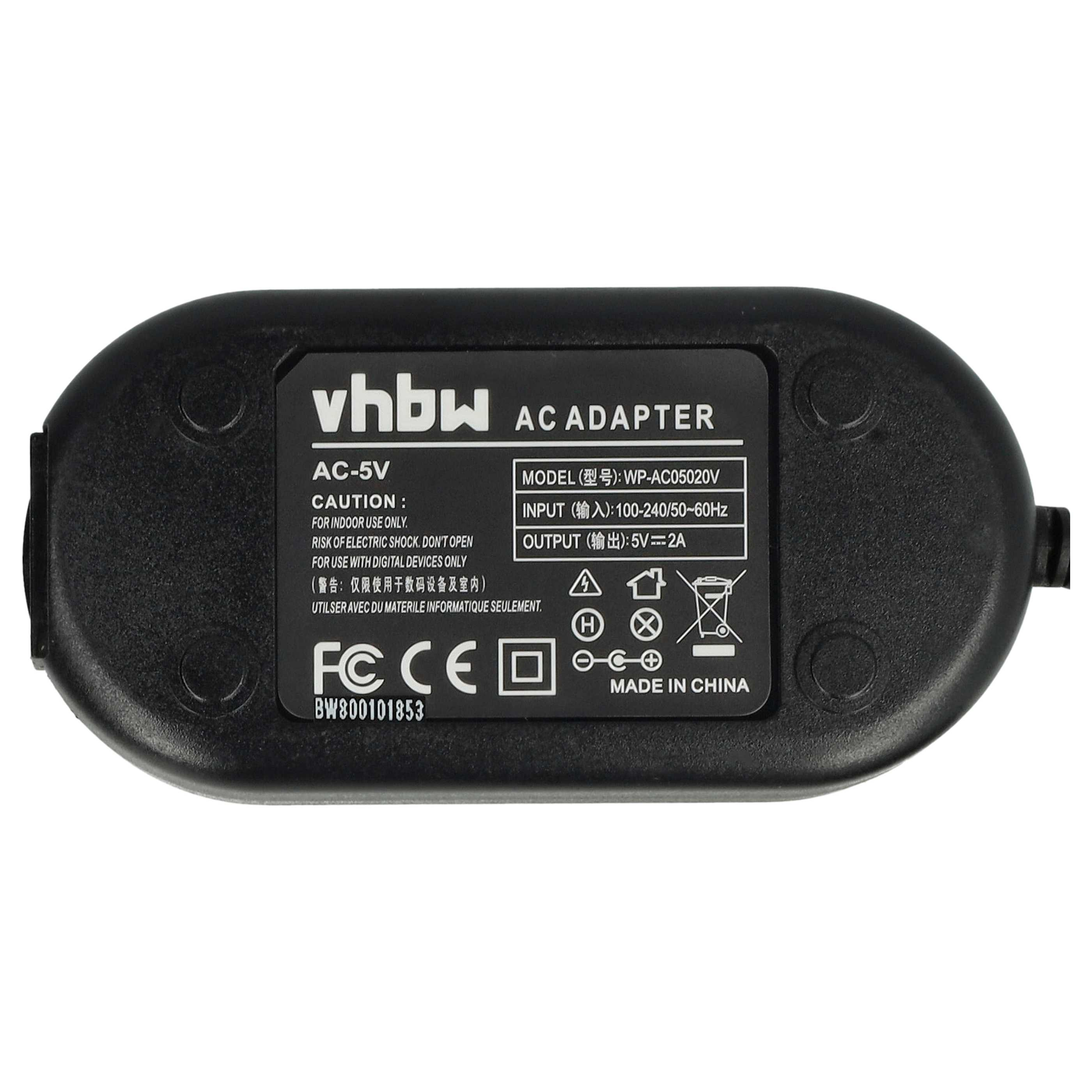 Schwarzes AC-Adapter mit weißem Text, einschließlich der Marke 'vhbw', Spannungsspezifikationen und Sicherheitshinweisen.