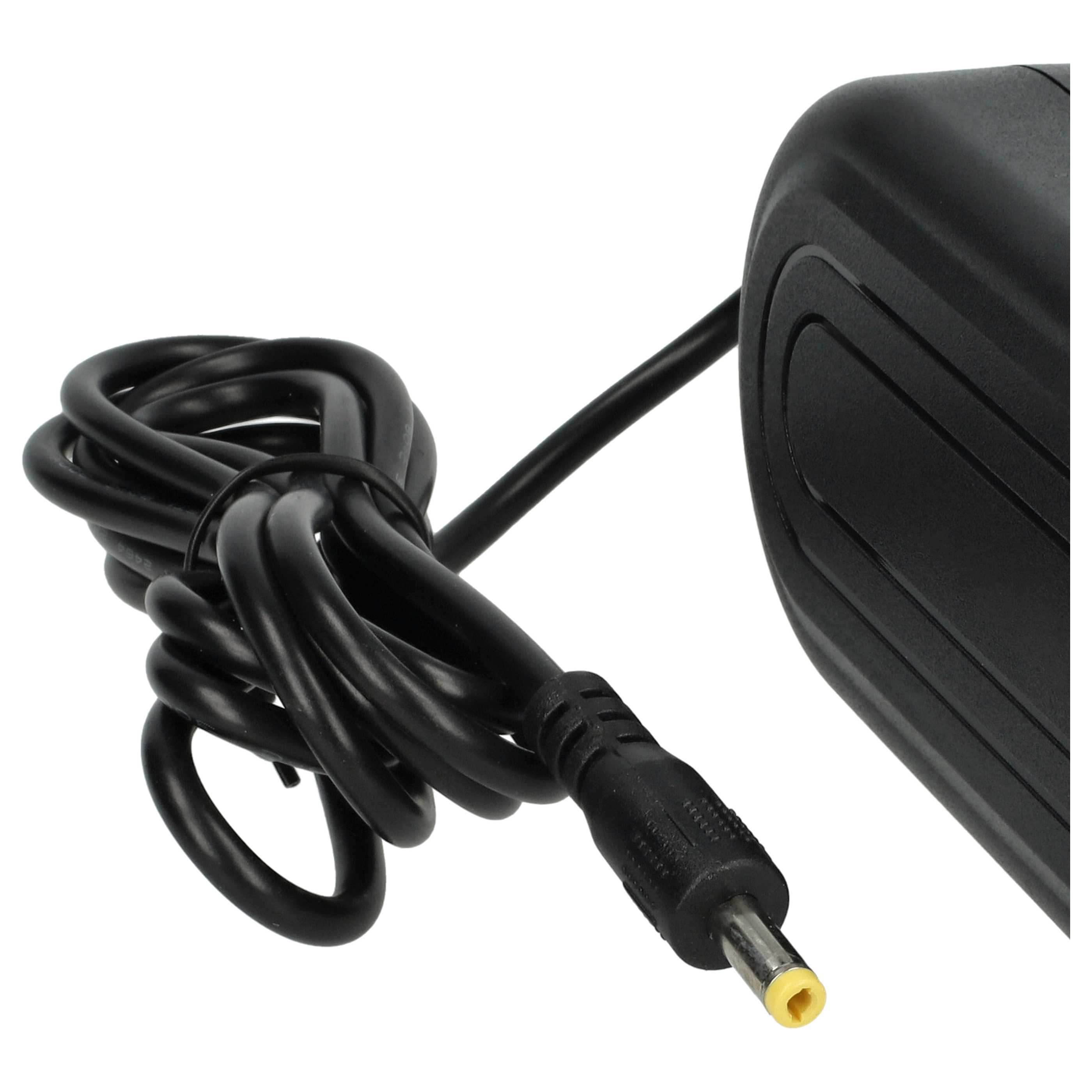 Nahaufnahme eines schwarzen Netzteils mit gewickeltem Kabel und gelbem Stecker.
