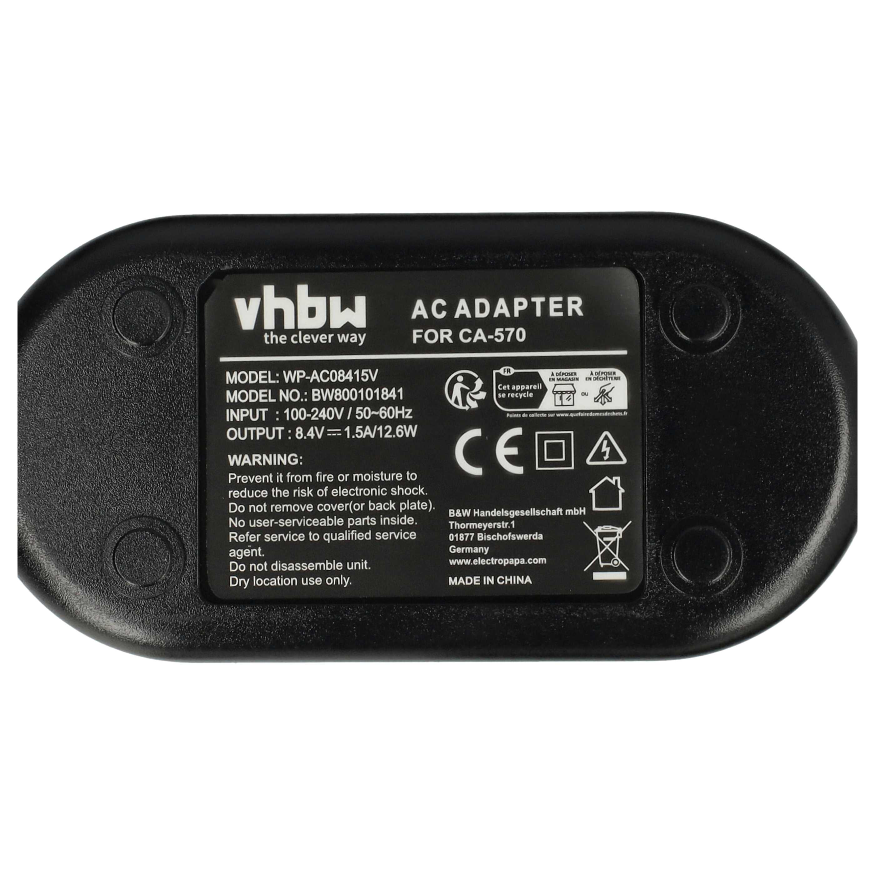 Schwarzer AC-Adapter für CA-570, mit Text und Symbolen. Er hat den Markennamen vhbw und technische Daten.
