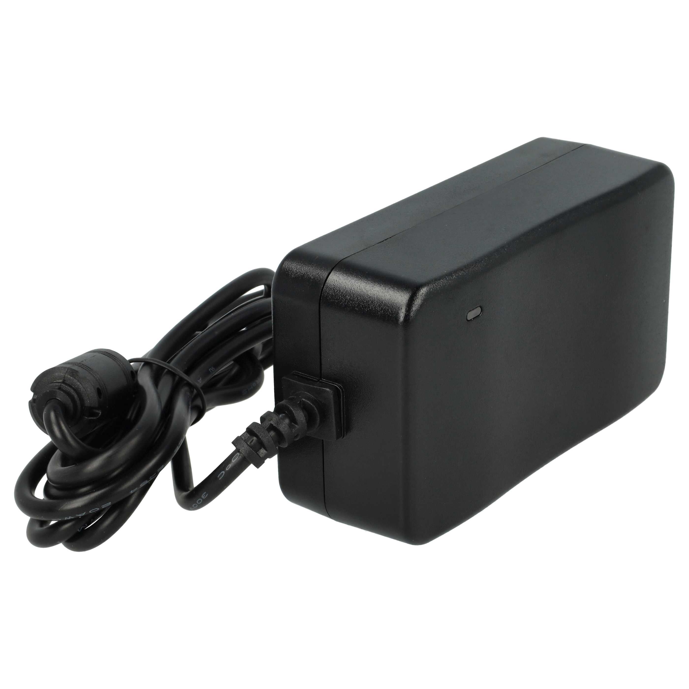 Ein schwarzes Netzteil mit einem schwarzen Kabel. Der Adapter ist rechteckig. Das Kabel ist aufgerollt.