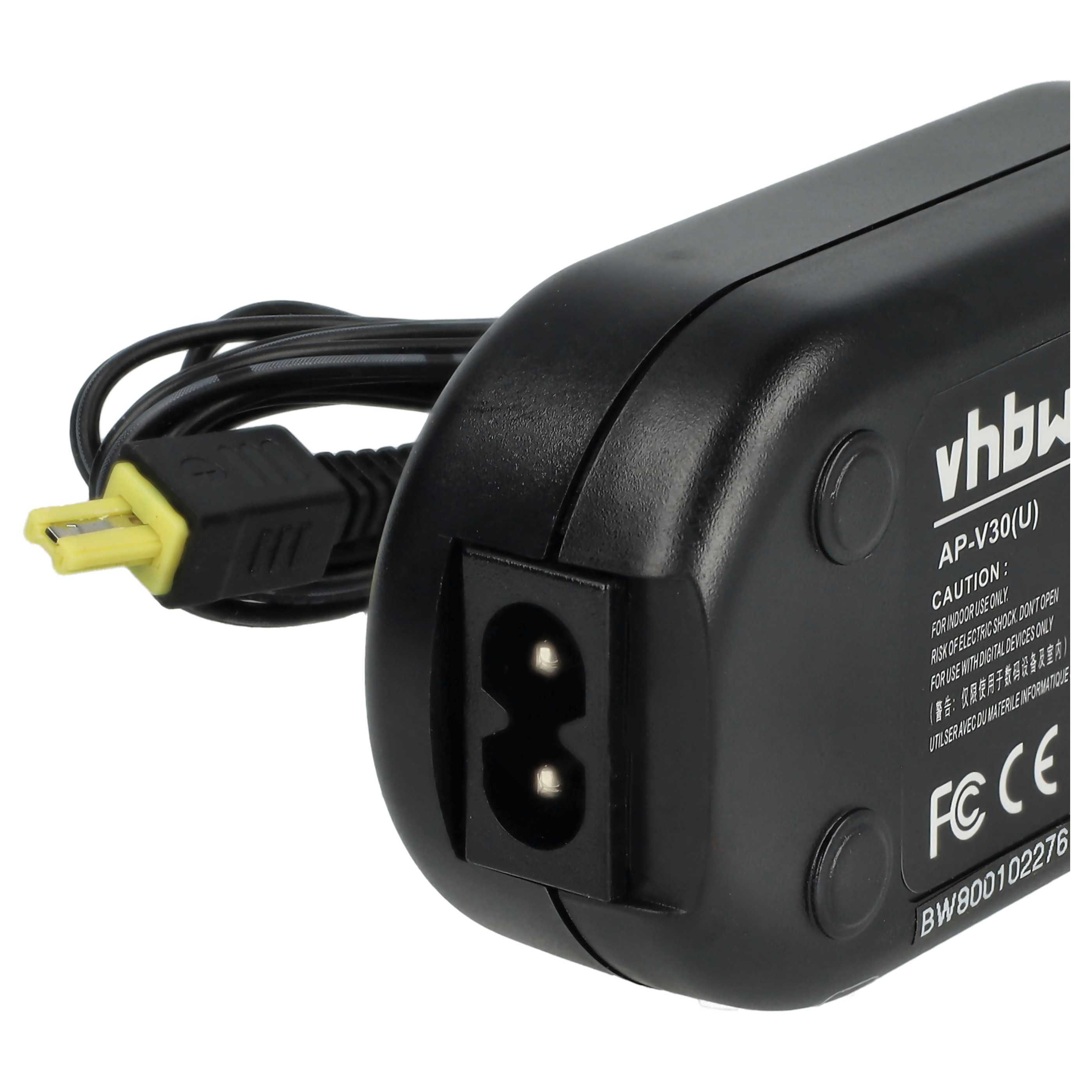 Ein schwarzes Netzteil mit Zweipol-Stecker und Kabel. Gelber Stecker. Der Adapter hat Text wie 'vhbw' und 'CE'.