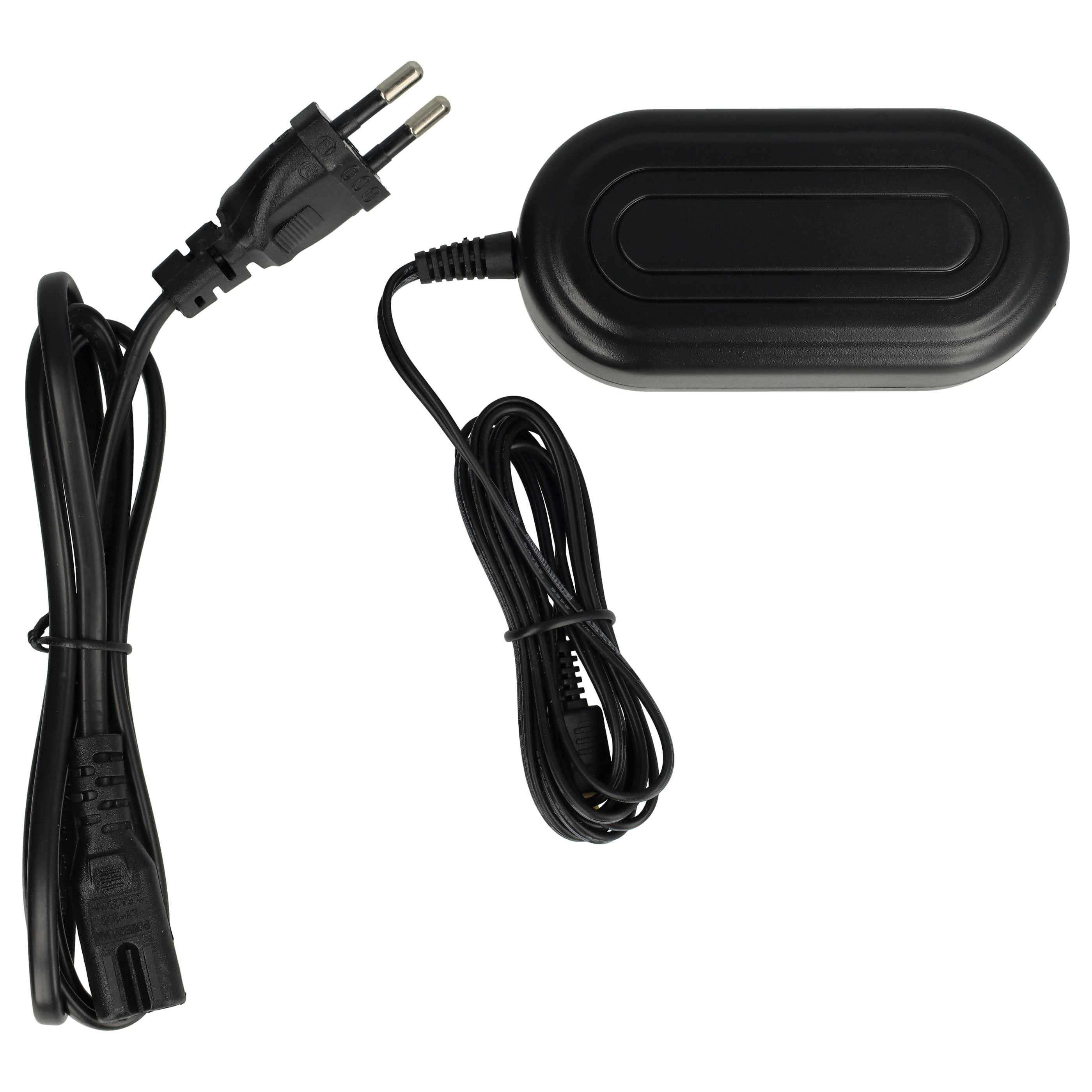 Ein schwarzes Netzteil mit Stecker, Kabel und einem rechteckigen schwarzen Ladegerät auf weißem Hintergrund.