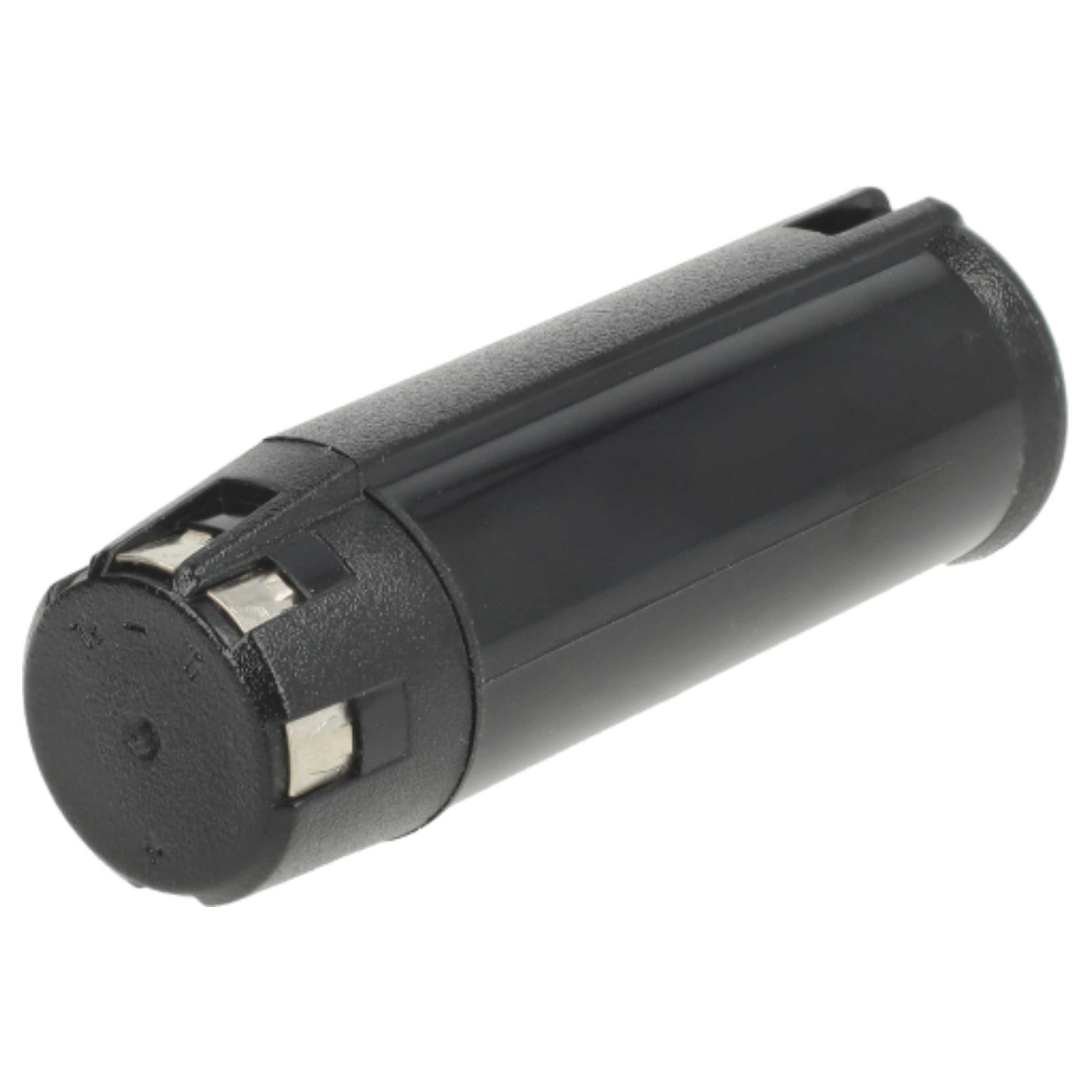 Ein schwarzes zylindrisches Objekt, möglicherweise eine Batterie, mit Metallkontakten an einem Ende.