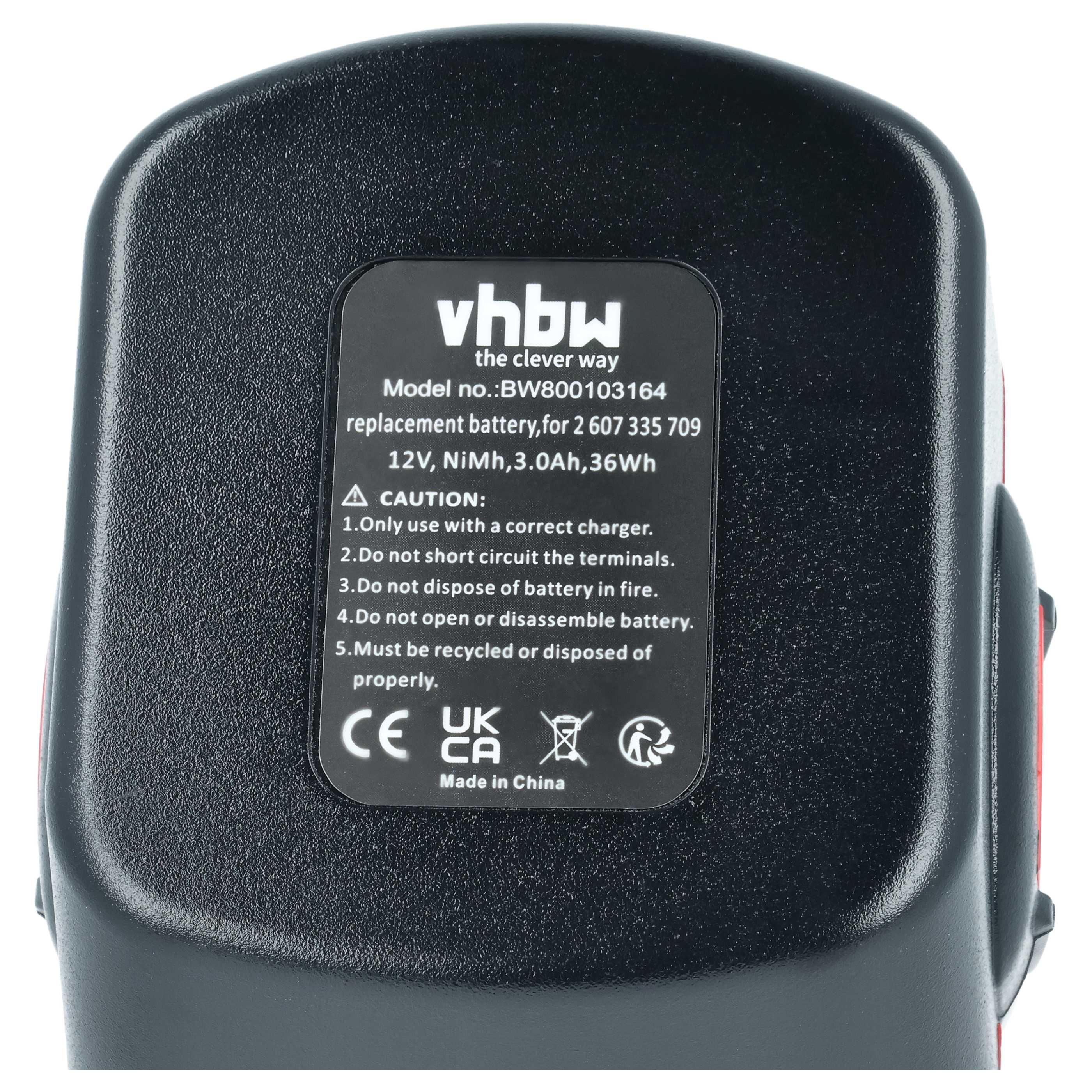 Schwarzer Akku mit weißem Text. Auf den Etiketten stehen 'vhbw', '12V, NiMh, 3.0Ah, 36Wh' und 'Made in China'.