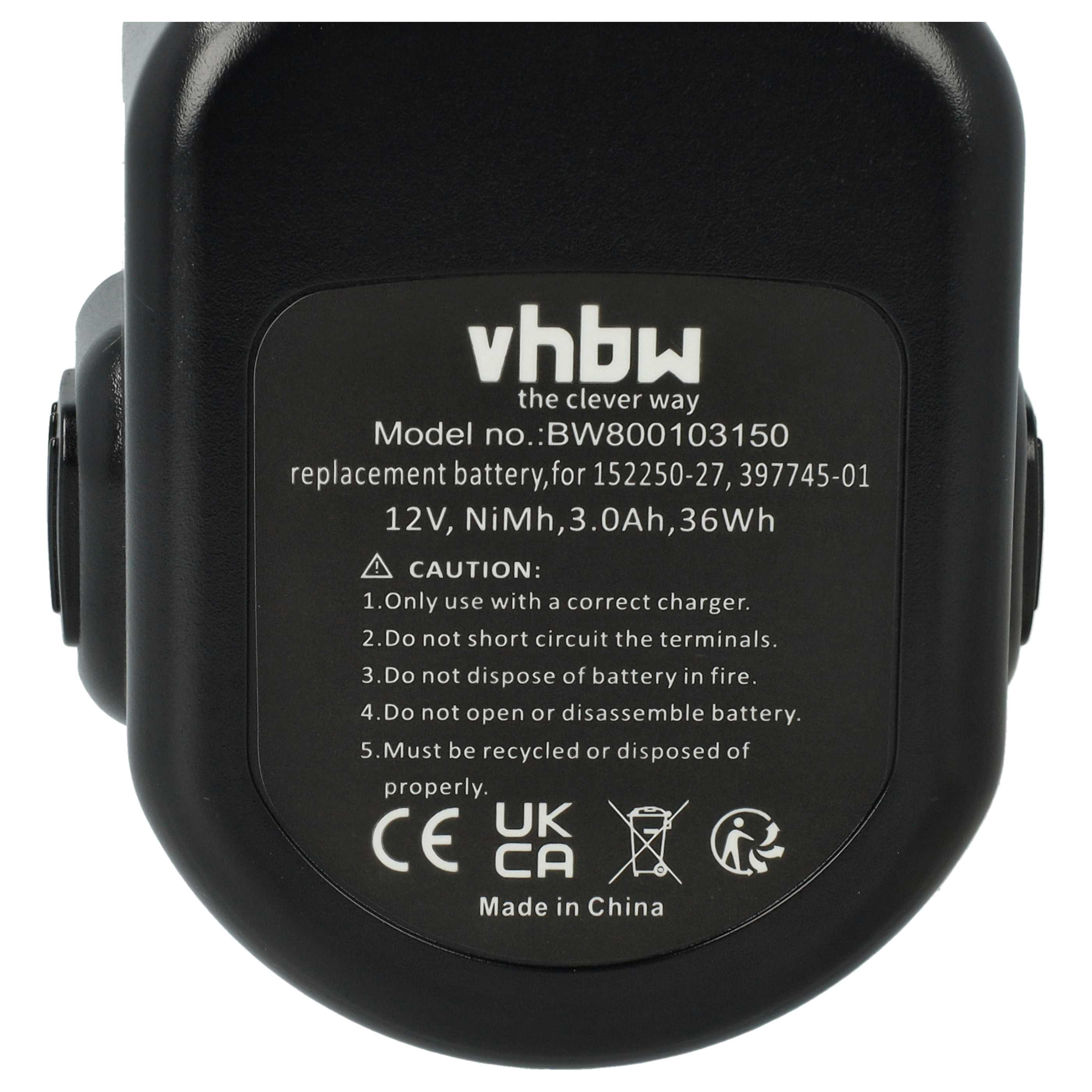 Schwarzer Akku mit weißem Text. Marke vhbw, Modellnummer BW800103150. Sicherheitshinweise und Made in China sind sichtbar.