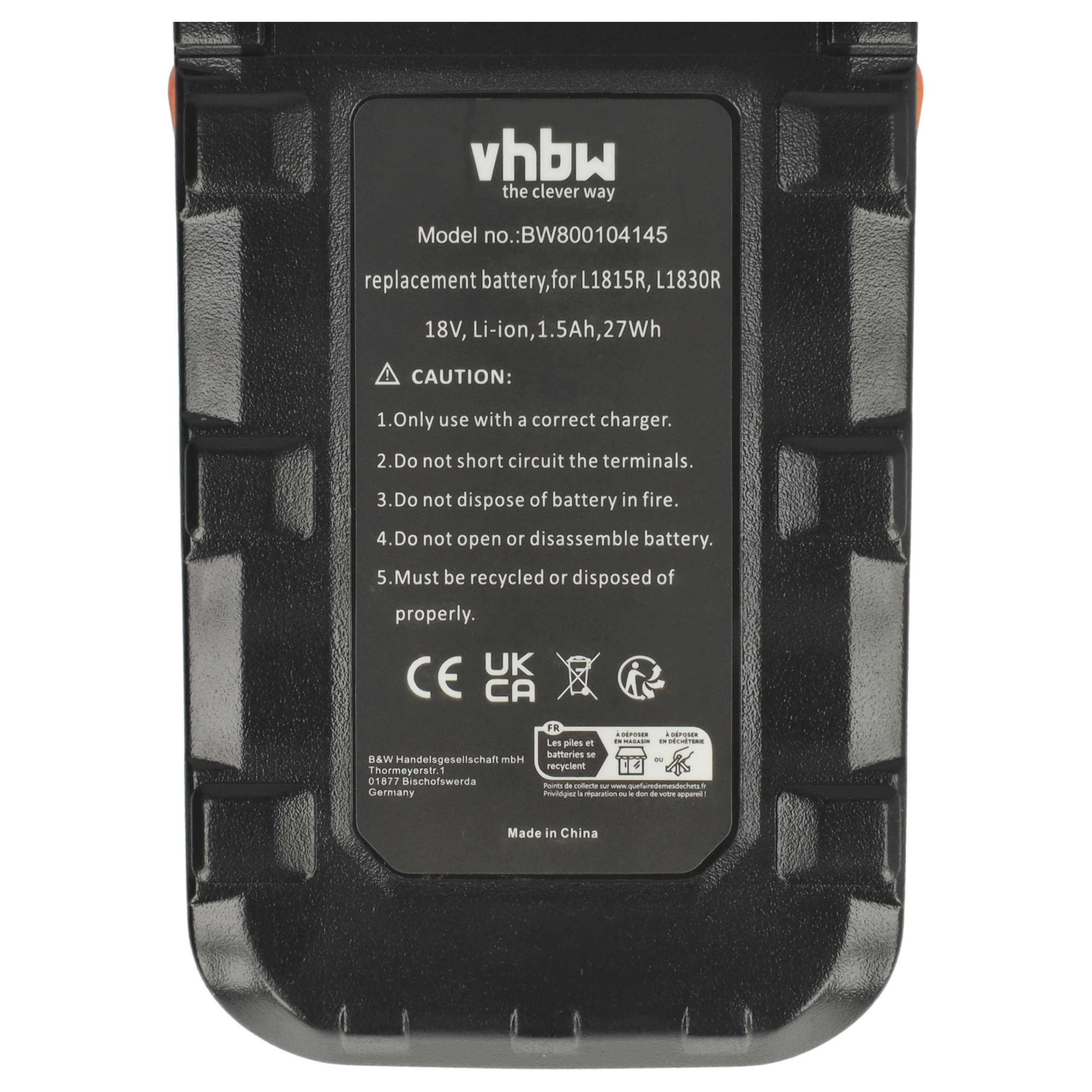 Schwarzer Akku mit weißem Text, Warnhinweisen und Recyclingsymbolen. Markenname 'vhbw'.