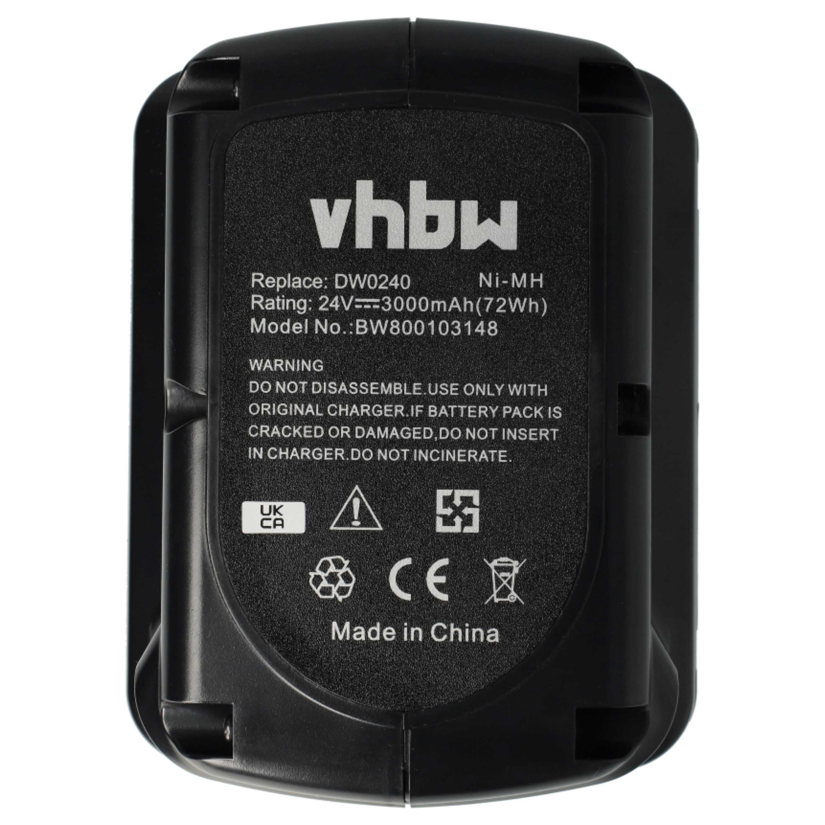 Ein schwarzer Akku mit weißem Text. Es enthält Warnungen und Symbole. Der Markenname „vhbw“ ist sichtbar.