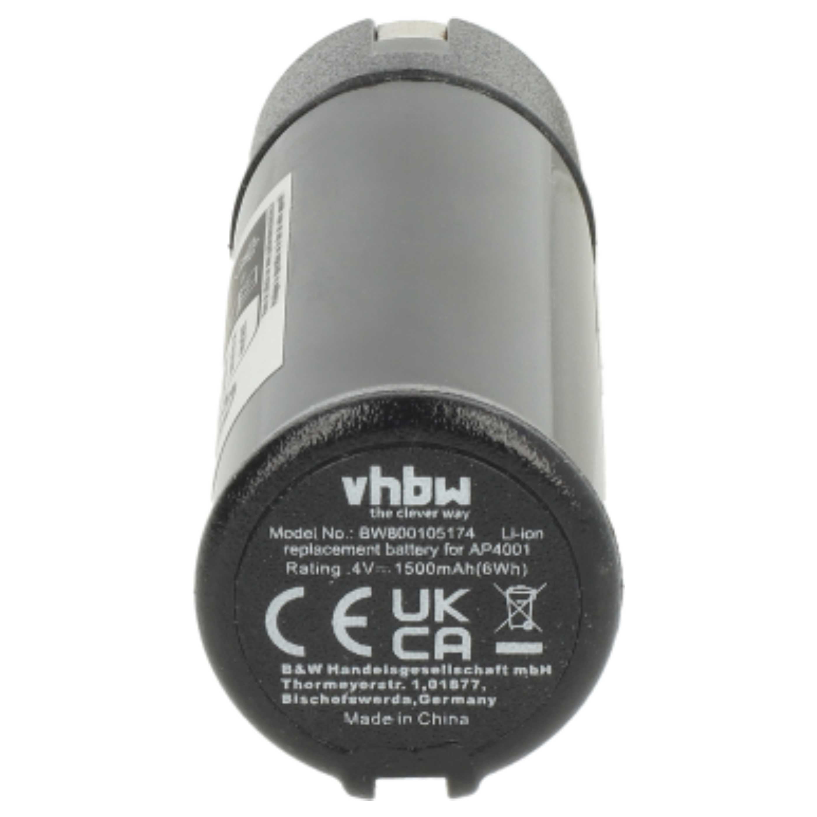 Eine zylindrische Batterie mit schwarzer Ober- und Unterseite, grauem Körper. Text enthält Markenname, Modelldetails und Sicherheitszertifizierungen.