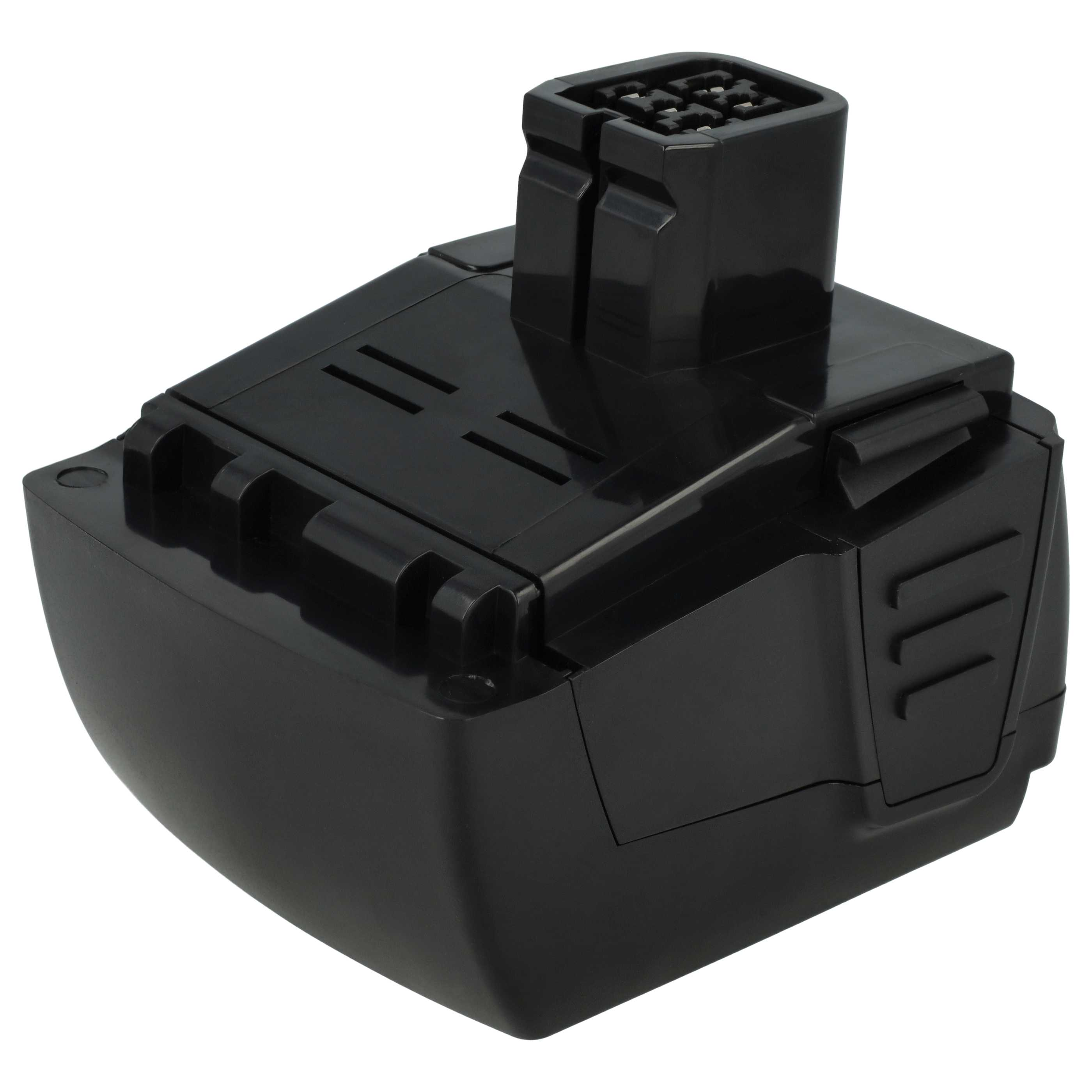 Ein schwarzer, eckiger Elektrowerkzeug-Akku. Er hat eine rechteckige Oberseite mit einem Stecker und einen gewölbten Boden.
