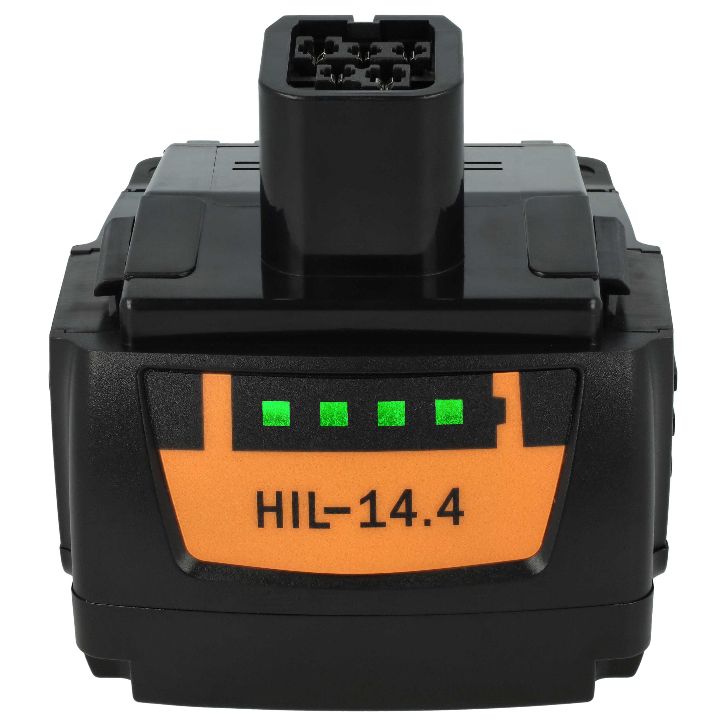 Ein schwarzer und orangefarbener HIL-14.4 Akku. Er hat eine Batteriestandsanzeige und einen oberen Anschluss.