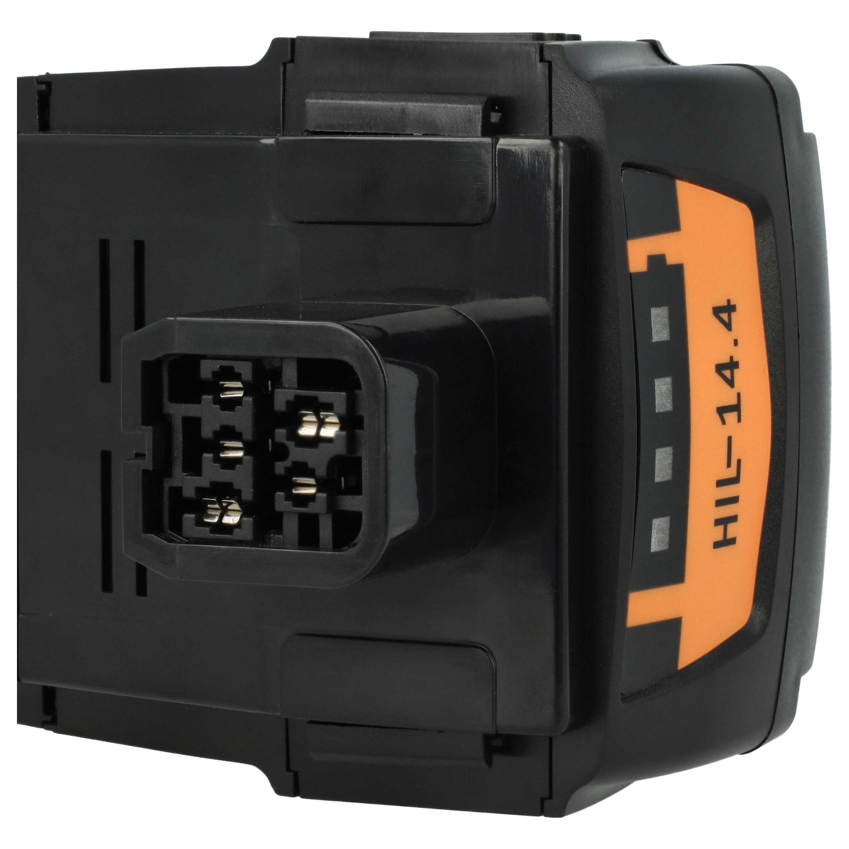 Ein schwarzer Akku für Elektrowerkzeuge mit orangefarbenem Akzent. Er hat einen Anschluss und den Text 'HIL-14.4'.