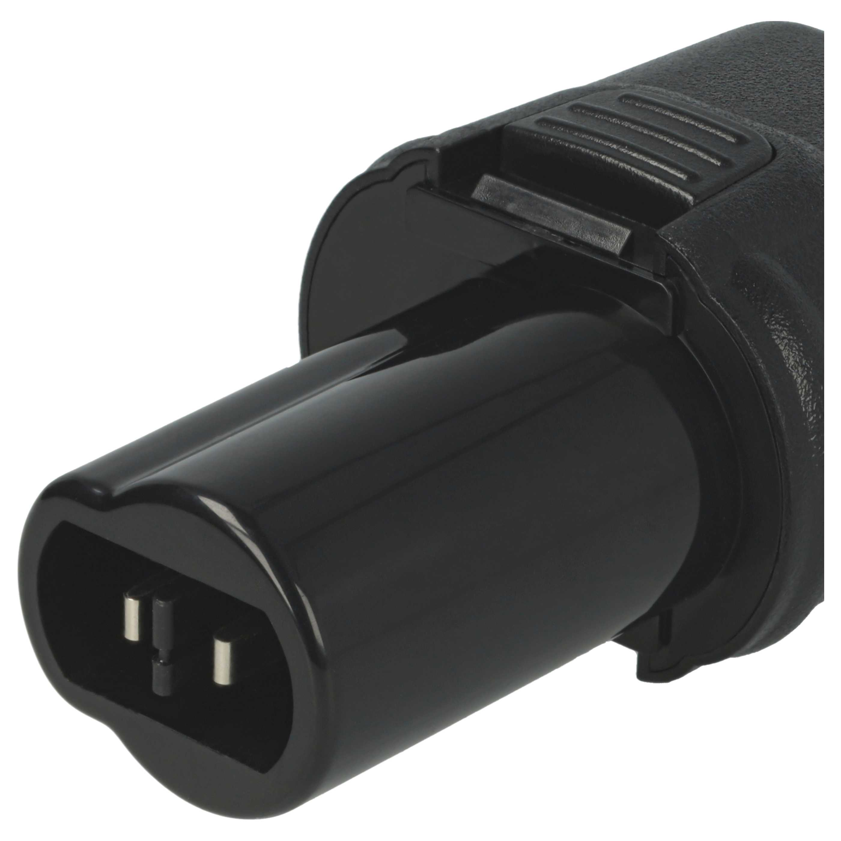Nahaufnahme eines schwarzen Elektrowerkzeug-Akkus. Der Stecker des Akkus ist sichtbar, mit rechteckiger Form und drei Stiften.