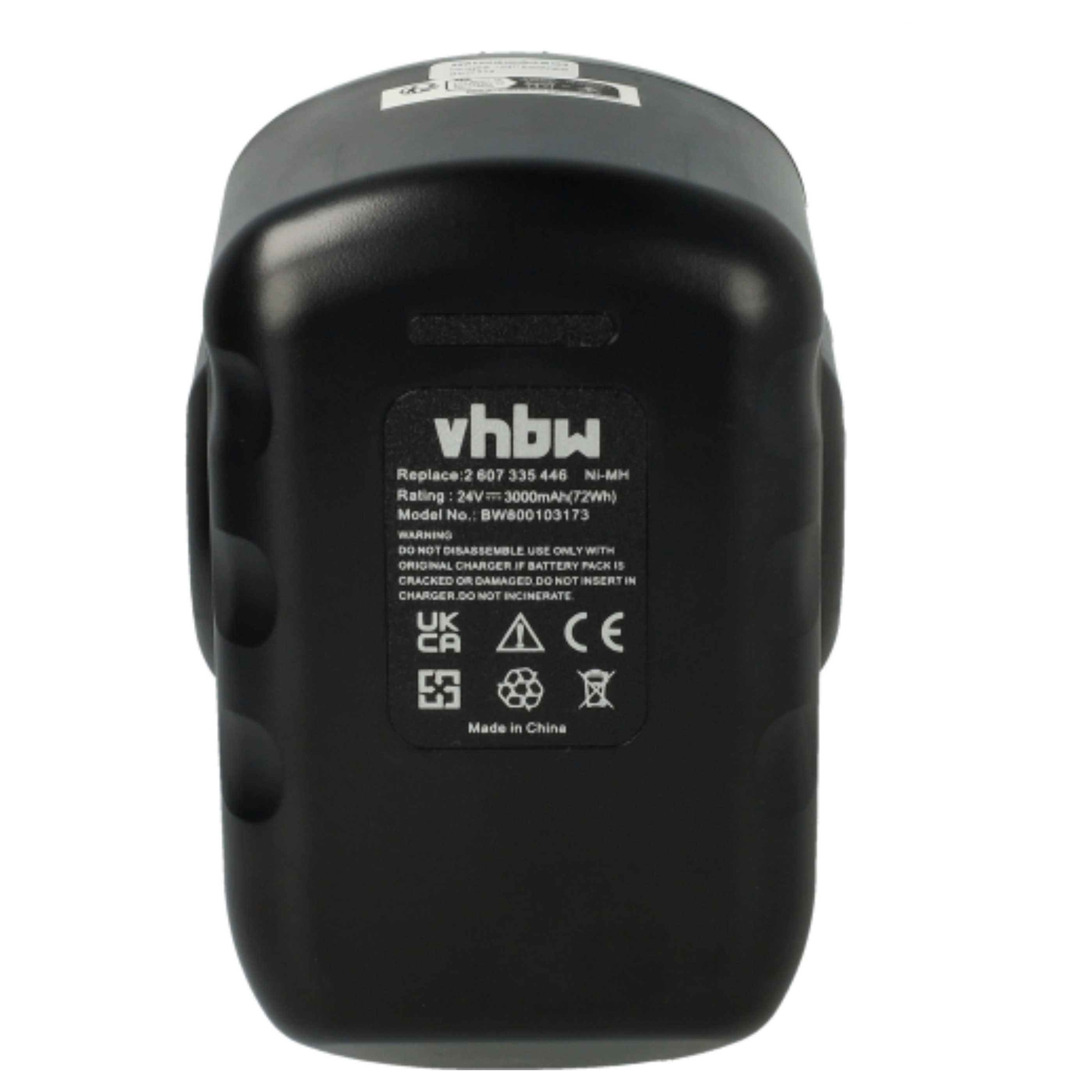 Schwarzer Akku mit Produktinformationen. Er hat ein vhbw-Logo und Warnhinweise. Hergestellt in China.