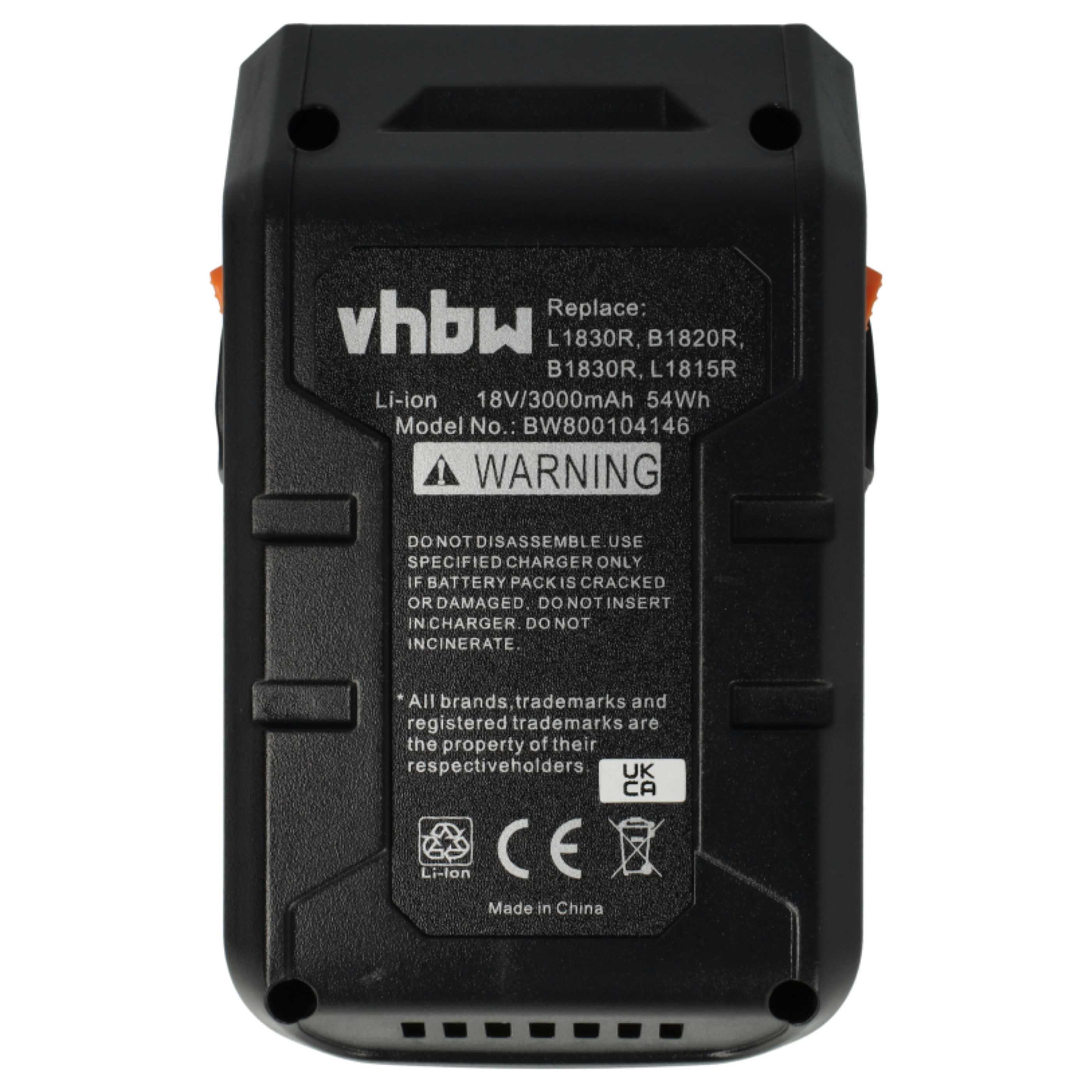 Schwarzer vhbw Li-Ion-Akku mit Warnhinweisen und Spezifikationen. Er hat CE- und UKCA-Kennzeichen und ist Made in China.