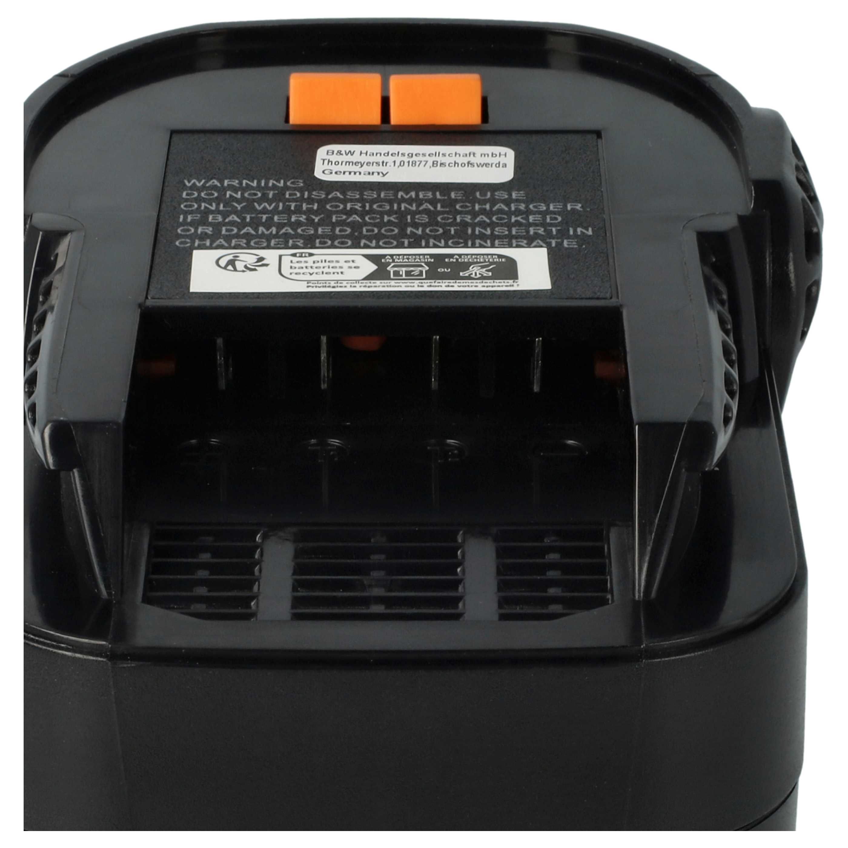 Schwarzes Batterieladegerät mit Warnhinweisen und orangefarbenen Akzenten. Enthält Recyclingsymbole und Text in mehreren Sprachen.
