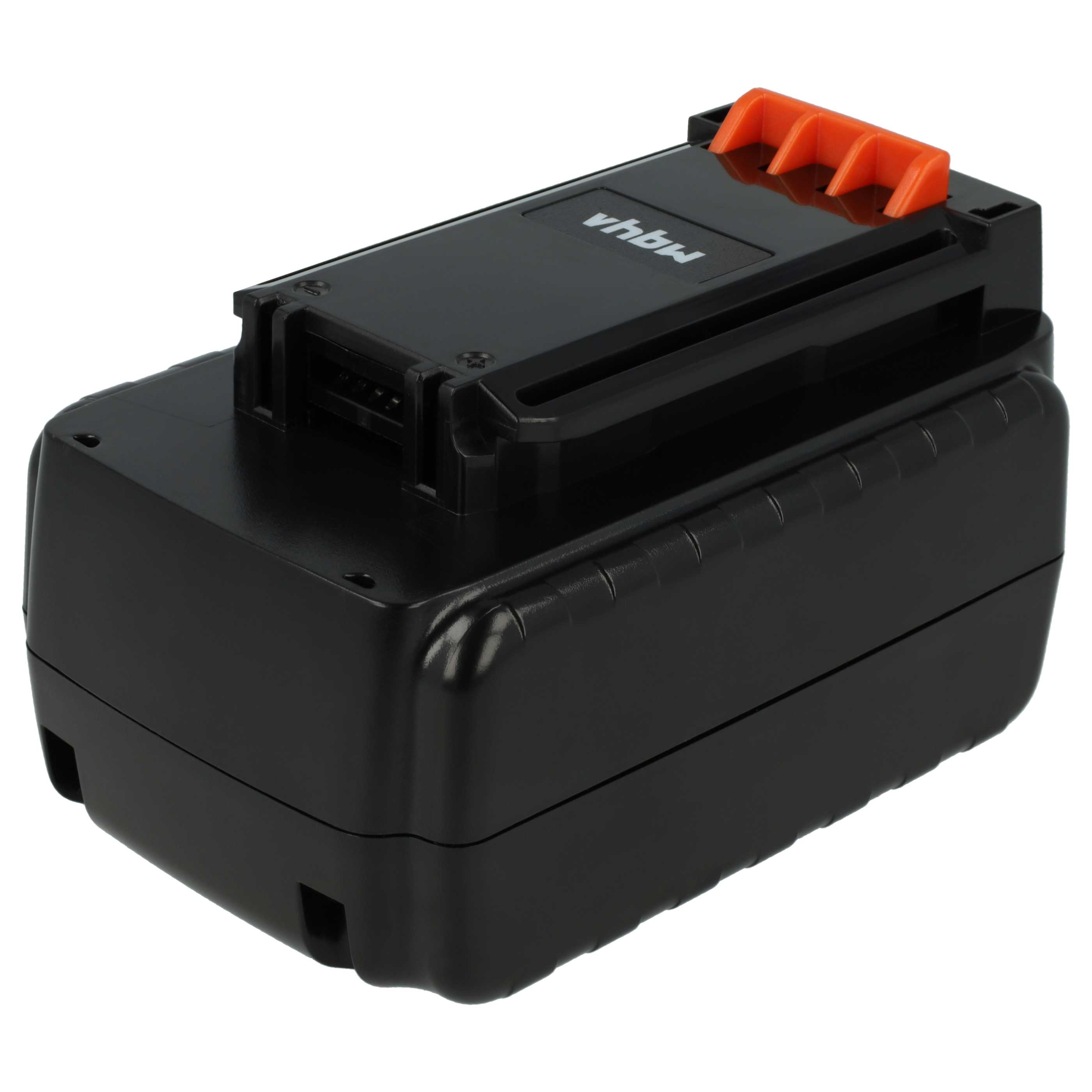 Ein schwarzer Elektrowerkzeug-Akku mit einem orangefarbenen Verriegelungsmechanismus. Der Markenname ist sichtbar.