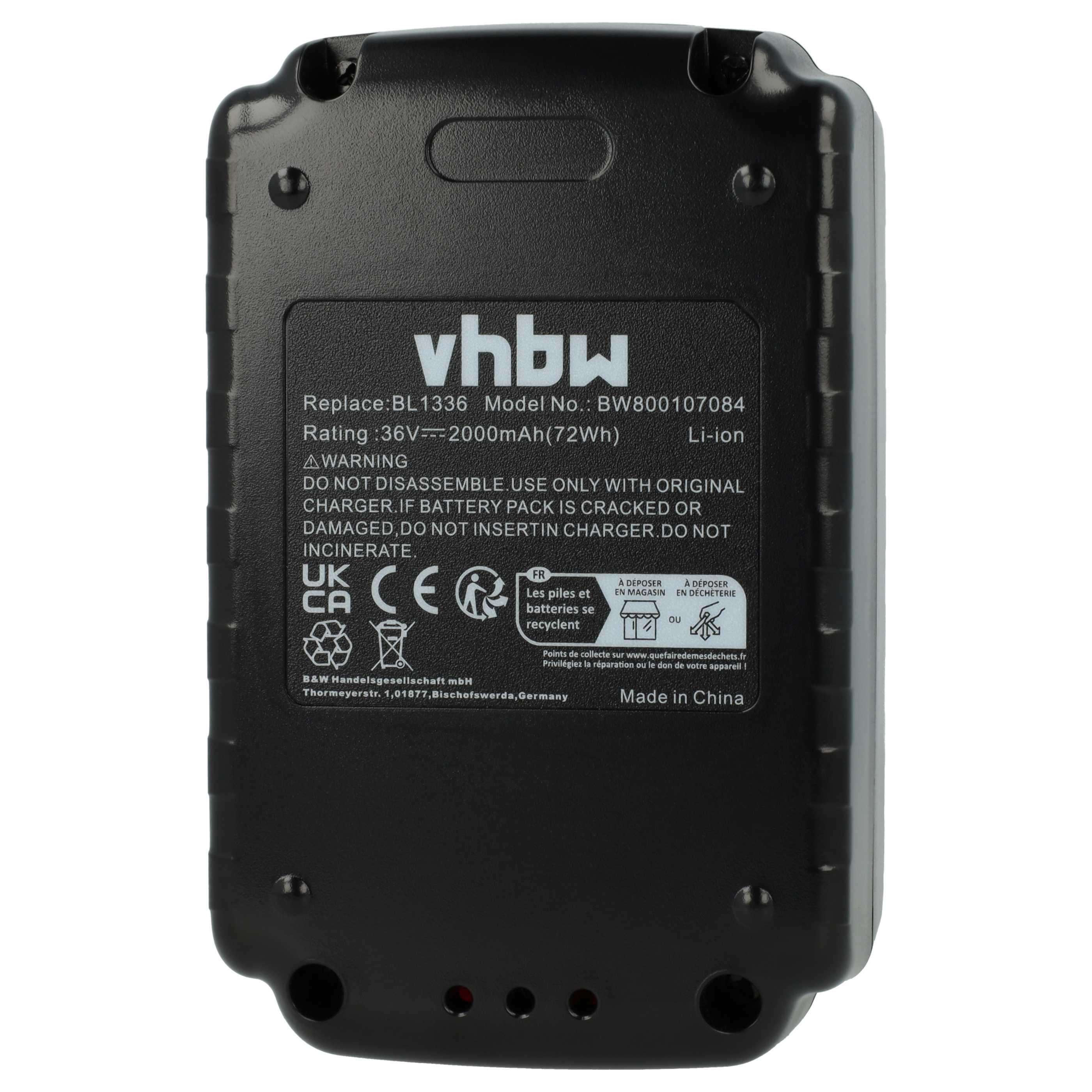 Schwarzer vhbw-Akku mit Text, Warnungen und Recyclingsymbolen. Enthält Produktinfo und Aufschrift 'Made in China'.
