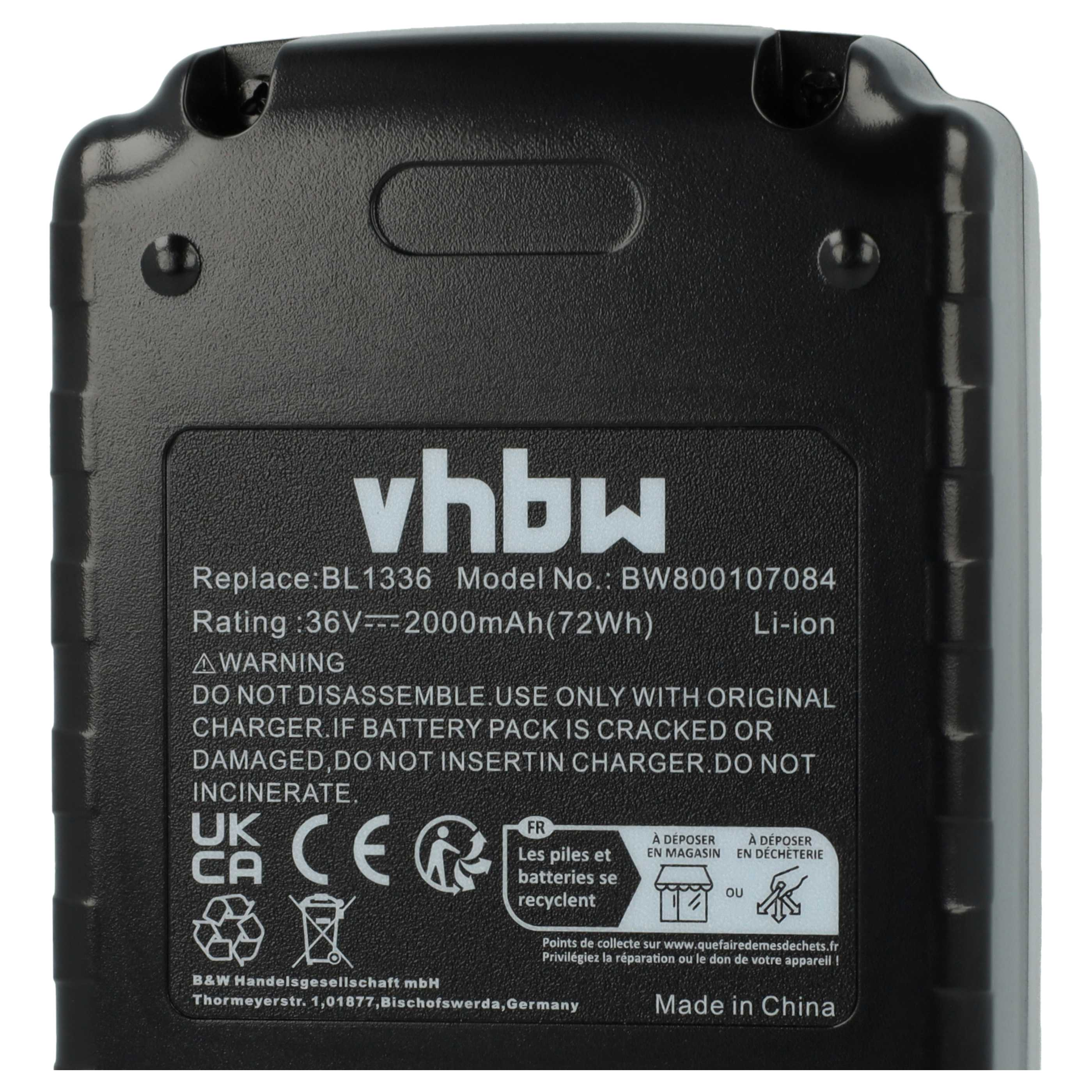 Schwarzer Akku mit weißem Text: vhbw, Modellinfo, Warnhinweise, Recyclingsymbole und 'Made in China'.