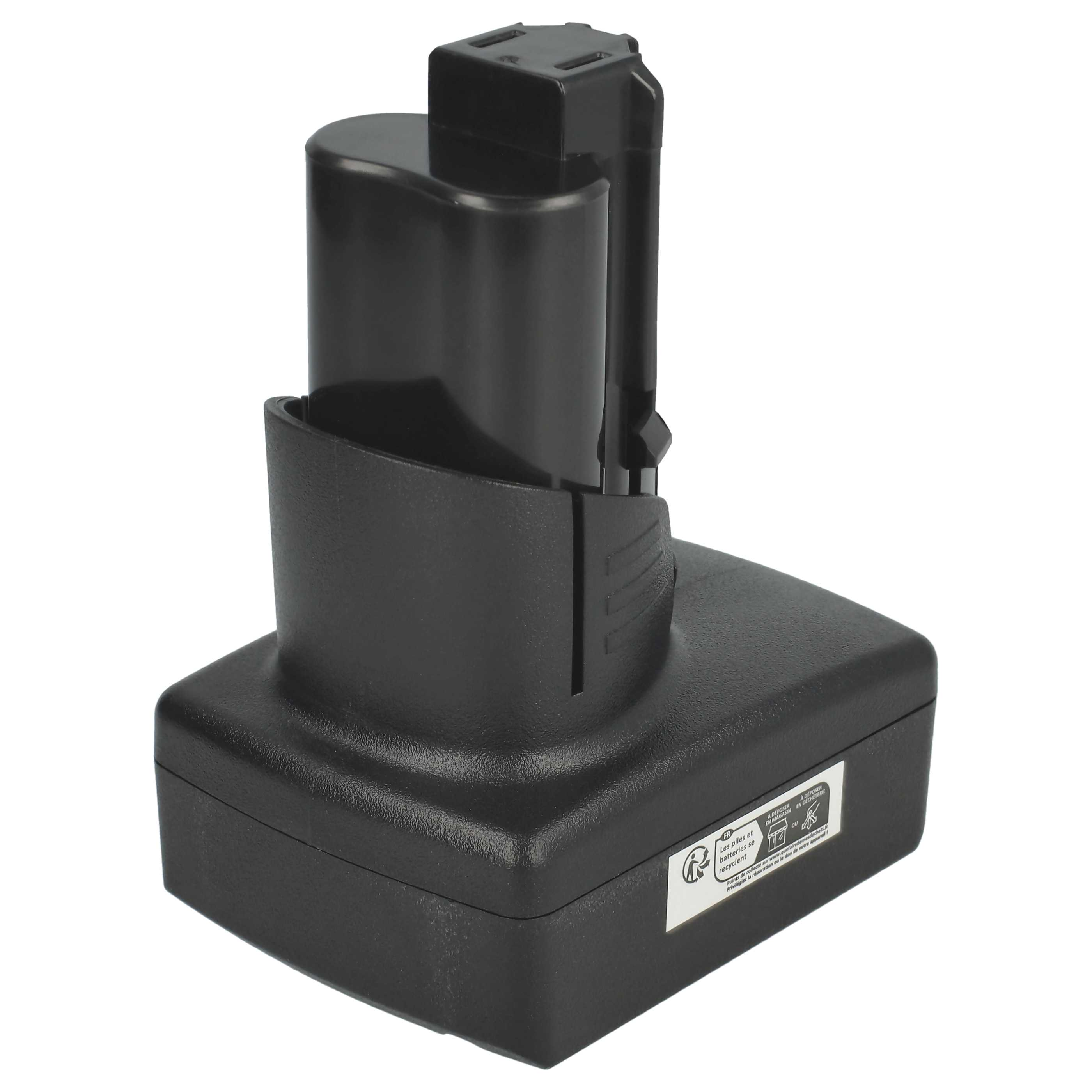 Ein schwarzes Batteriepack, rechteckige Basis mit zylindrischem Oberteil. Es hat einen Anschluss oben.
