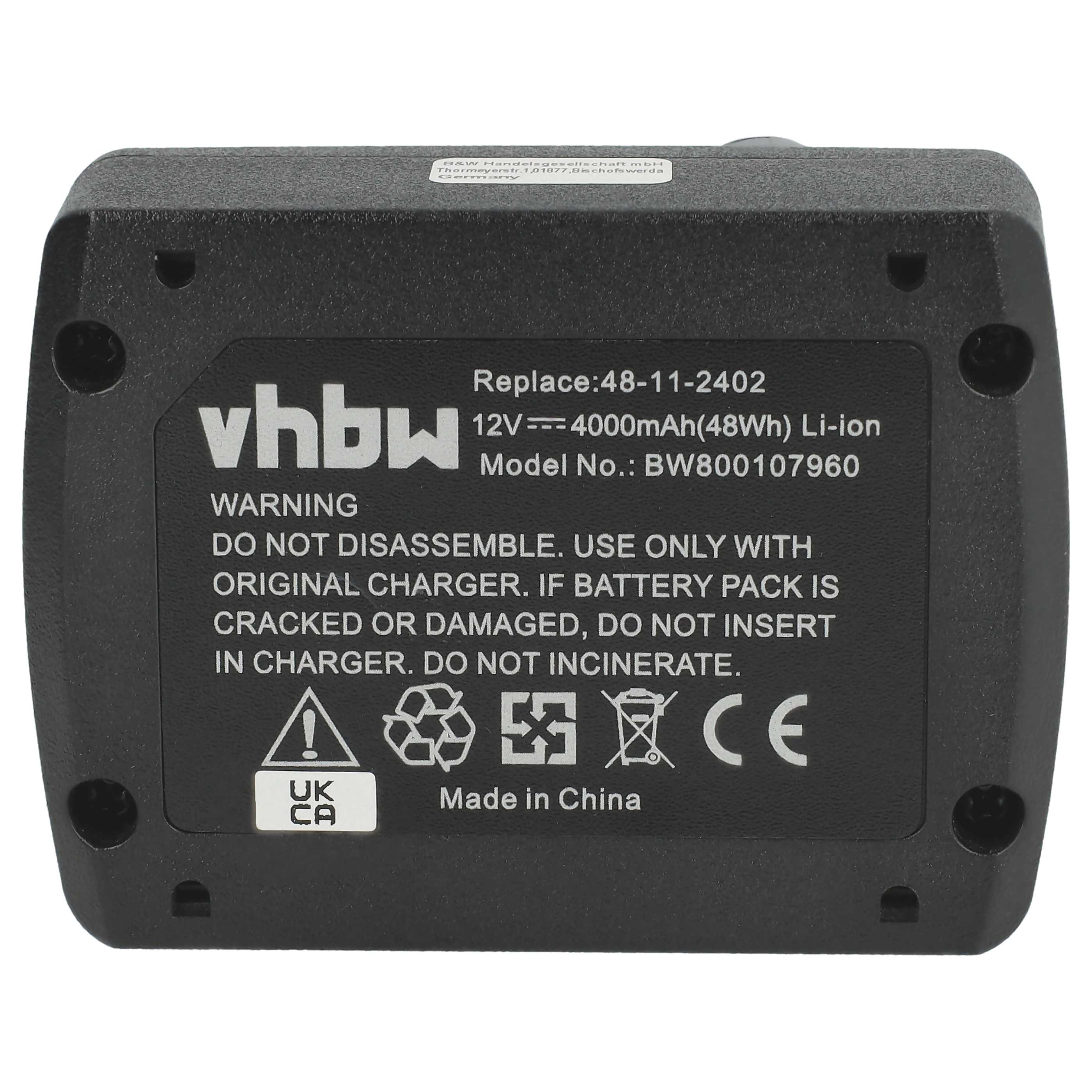 Schwarzer Akku mit weißem Text. Enthält Warnungen und Spezifikationen. Marke ist vhbw, hergestellt in China, 12V 4000mAh.