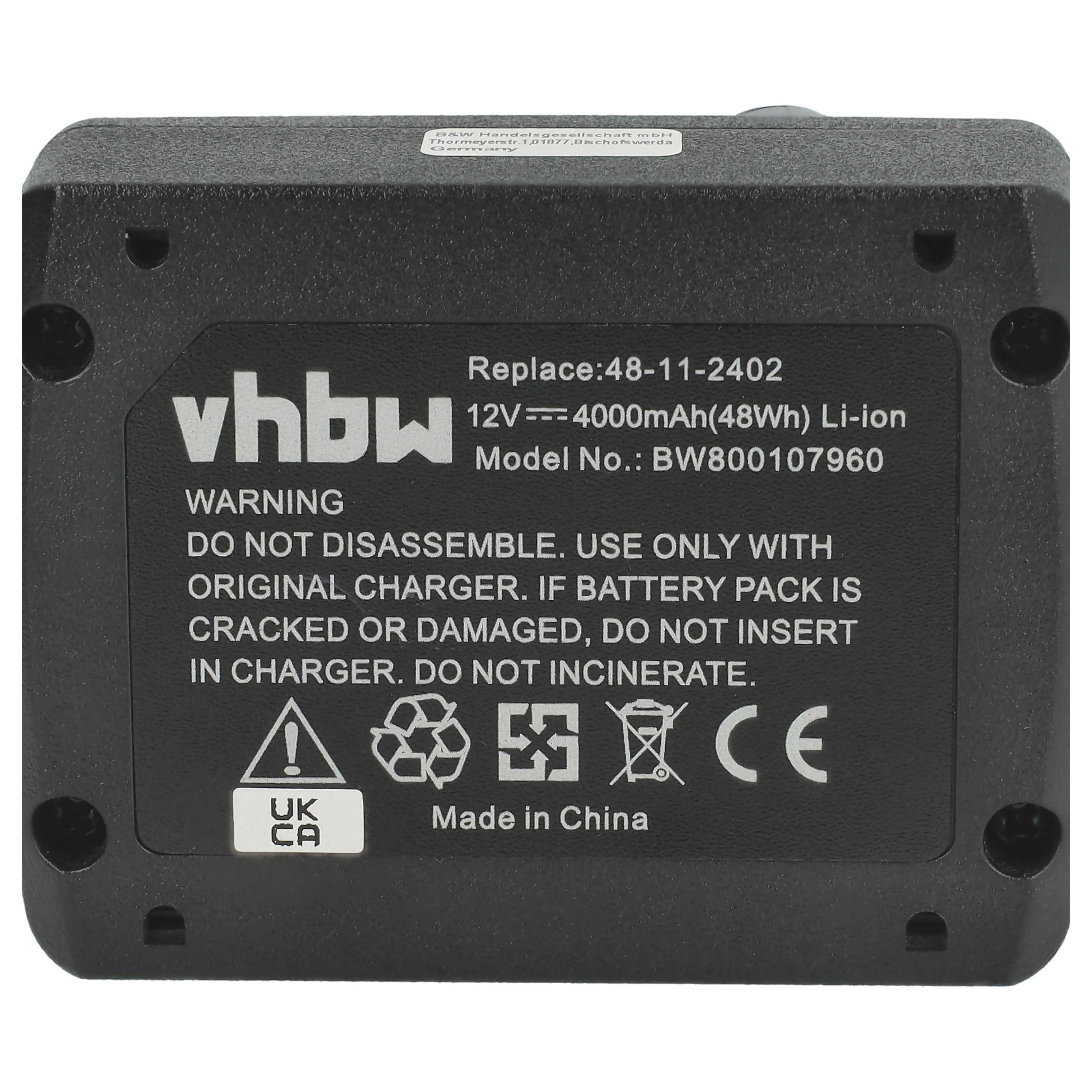 Schwarzer Akku mit Warnhinweisen und Symbolen. Text enthält 'vhbw', '12V 4000mAh' und 'Made in China'.