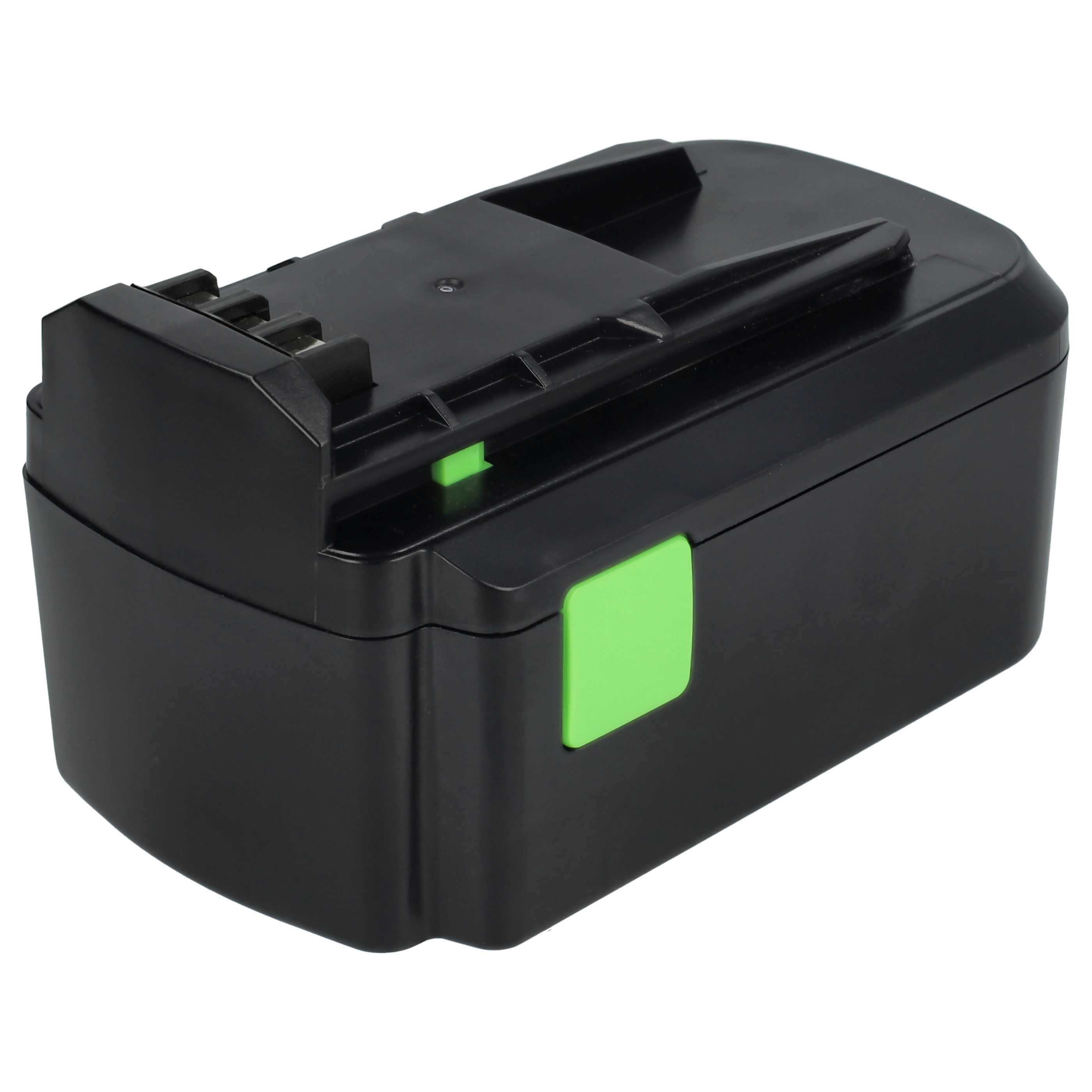 Ein schwarzer Elektrowerkzeug-Akku mit einem grünen Entriegelungsknopf. Es hat eine rechteckige Form mit geriffelter Oberseite und einem grünen Knopf.