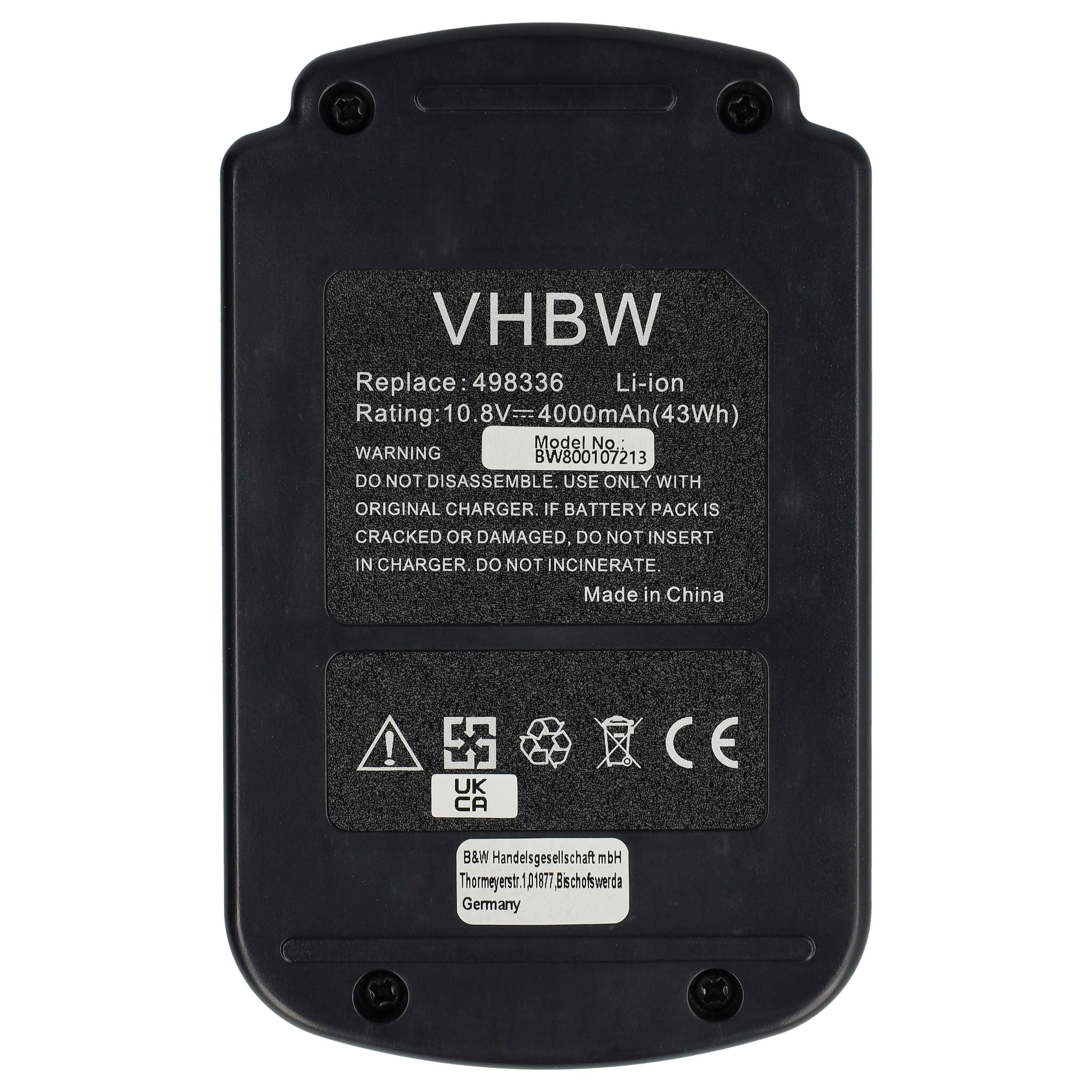 Schwarzer VHBW-Akkupack mit Text und Symbolen. Er hat eine Nennleistung von 10,8 V und 4000 mAh. Enthält Warnhinweise und Made in China.