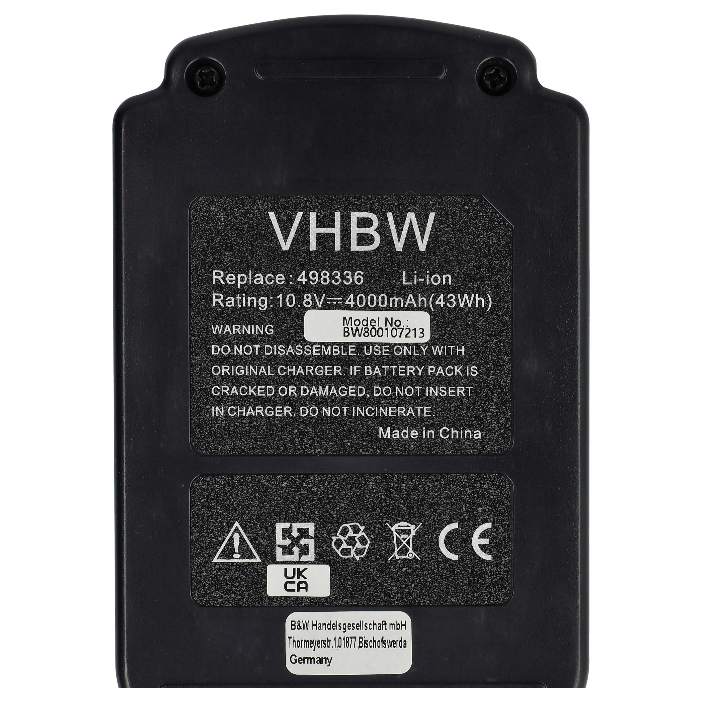 Schwarzer Akku mit weißem Text: VHBW, Spezifikationen, Warnhinweise und Made in China. Enthält Sicherheitssymbole und UK/CA-Kennzeichnung.